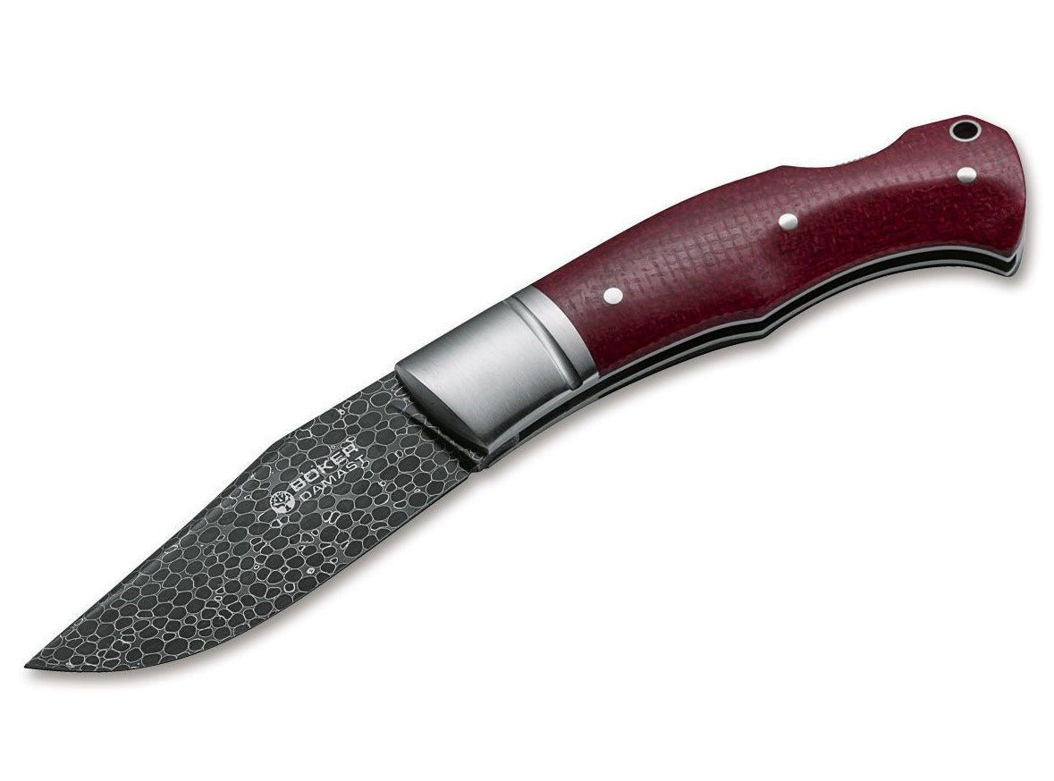 Boker Solingen Boxer 3.07" Dragonskin Damascus Red Burlap Micarta Folding Knife - Made in Germany 111025DAM