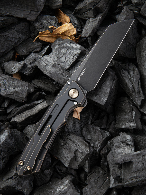 WE Knife Snecx Mini Buster 3.43" CPM 20CV Black Stonewash Bronze Titanium Folding Knife 2003B