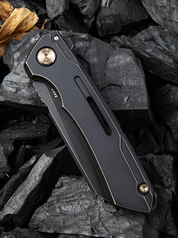 WE Knife Snecx Mini Buster 3.43" CPM 20CV Black Stonewash Bronze Titanium Folding Knife 2003B