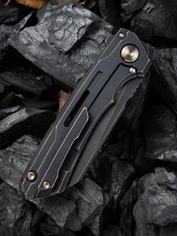 WE Knife Snecx Mini Buster 3.43" CPM 20CV Black Stonewash Bronze Titanium Folding Knife 2003B