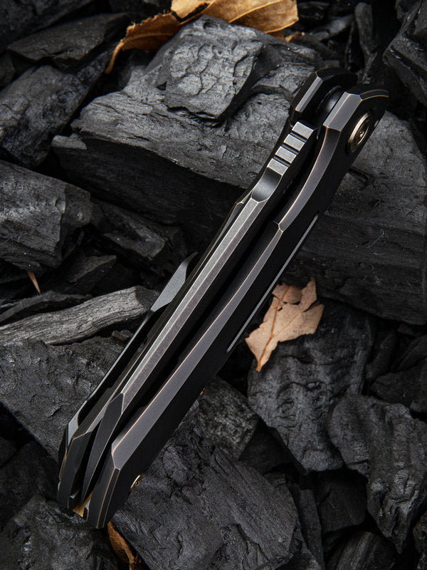 WE Knife Snecx Mini Buster 3.43" CPM 20CV Black Stonewash Bronze Titanium Folding Knife 2003B