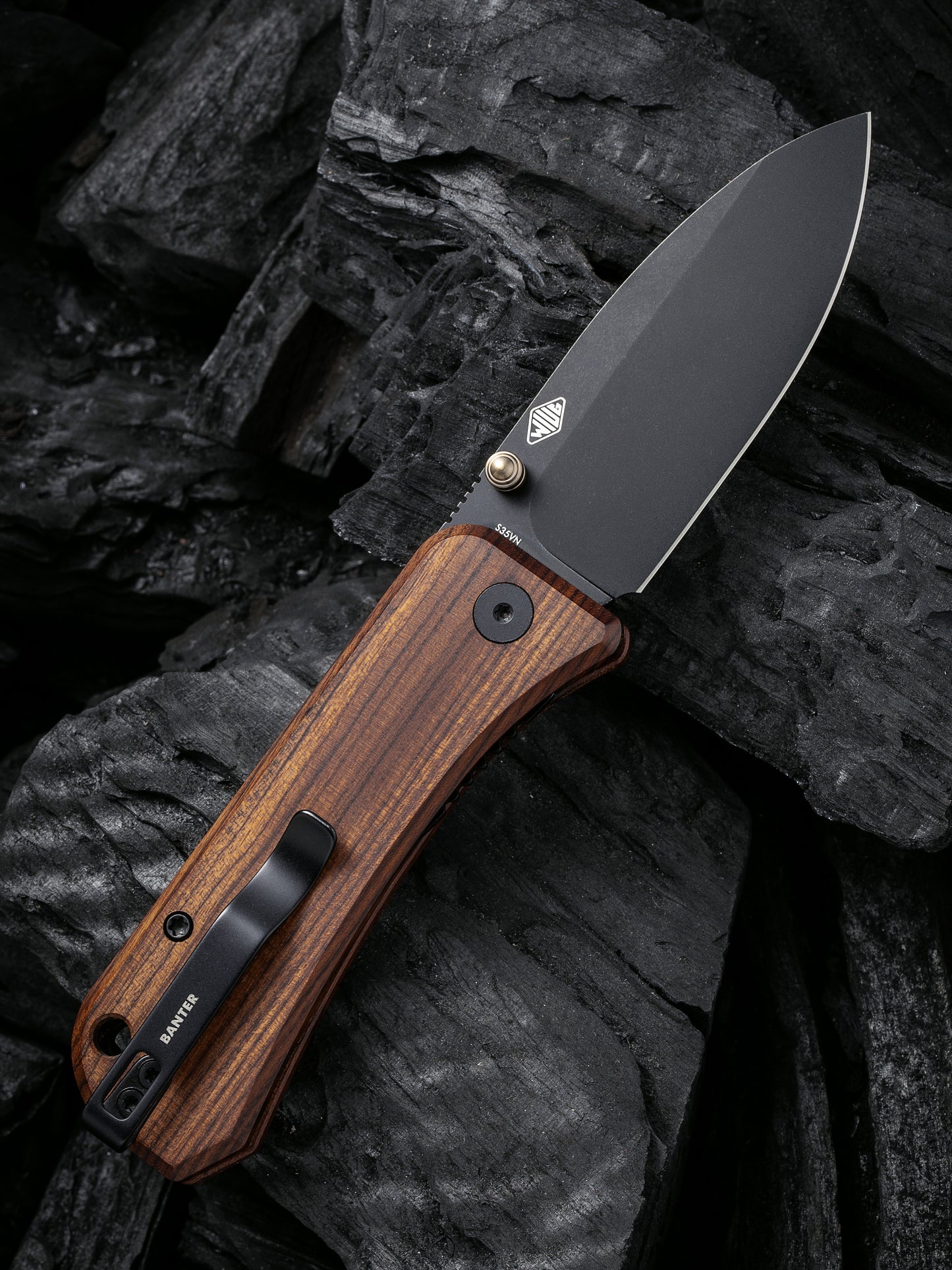 WE Knife Banter 2.9" CPM S35VN Black Stonewash Guibourtia Wood Folding Knife 2004K