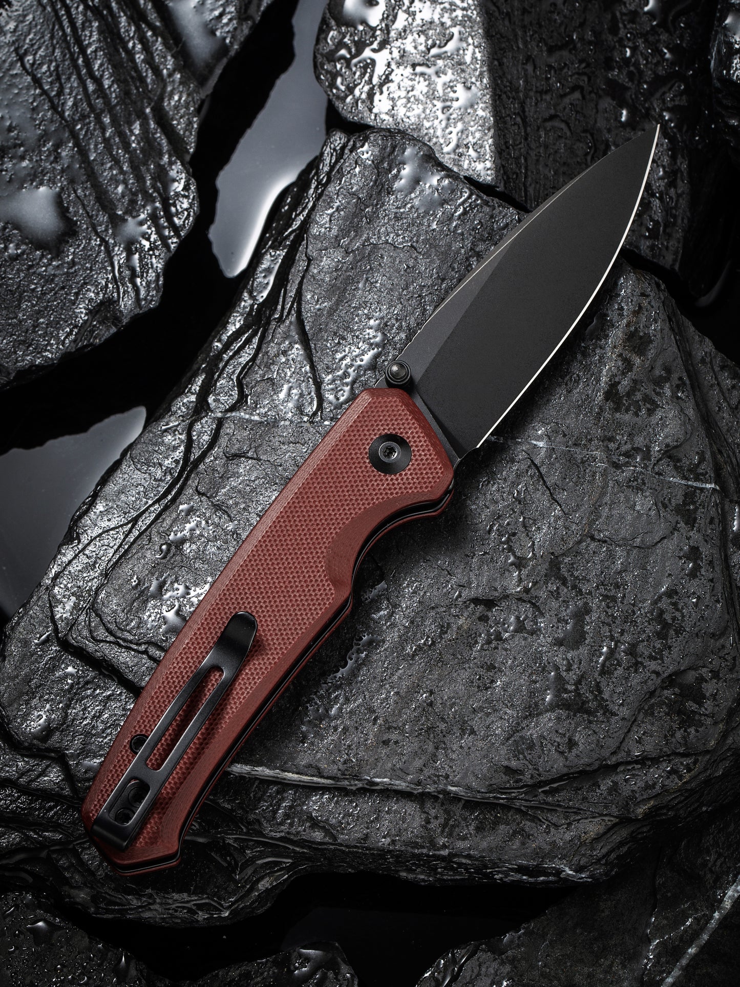 Civivi Altus 2.97" Nitro-V Black Stonewashed Burgundy G10 Button Lock Folding Knife C20076-2