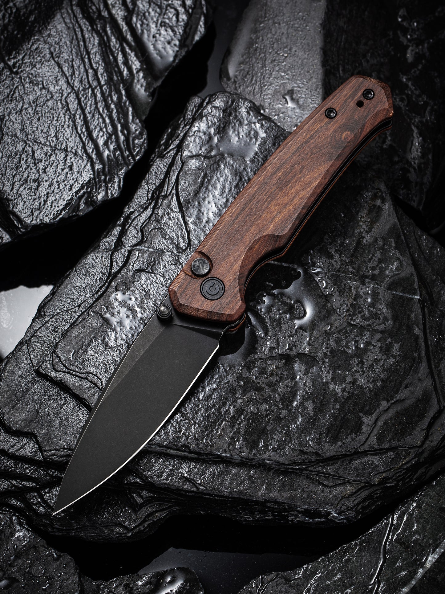 Civivi Altus 2.97" Nitro-V Black Stonewashed Guibourtia Wood Button Lock Folding Knife C20076-3