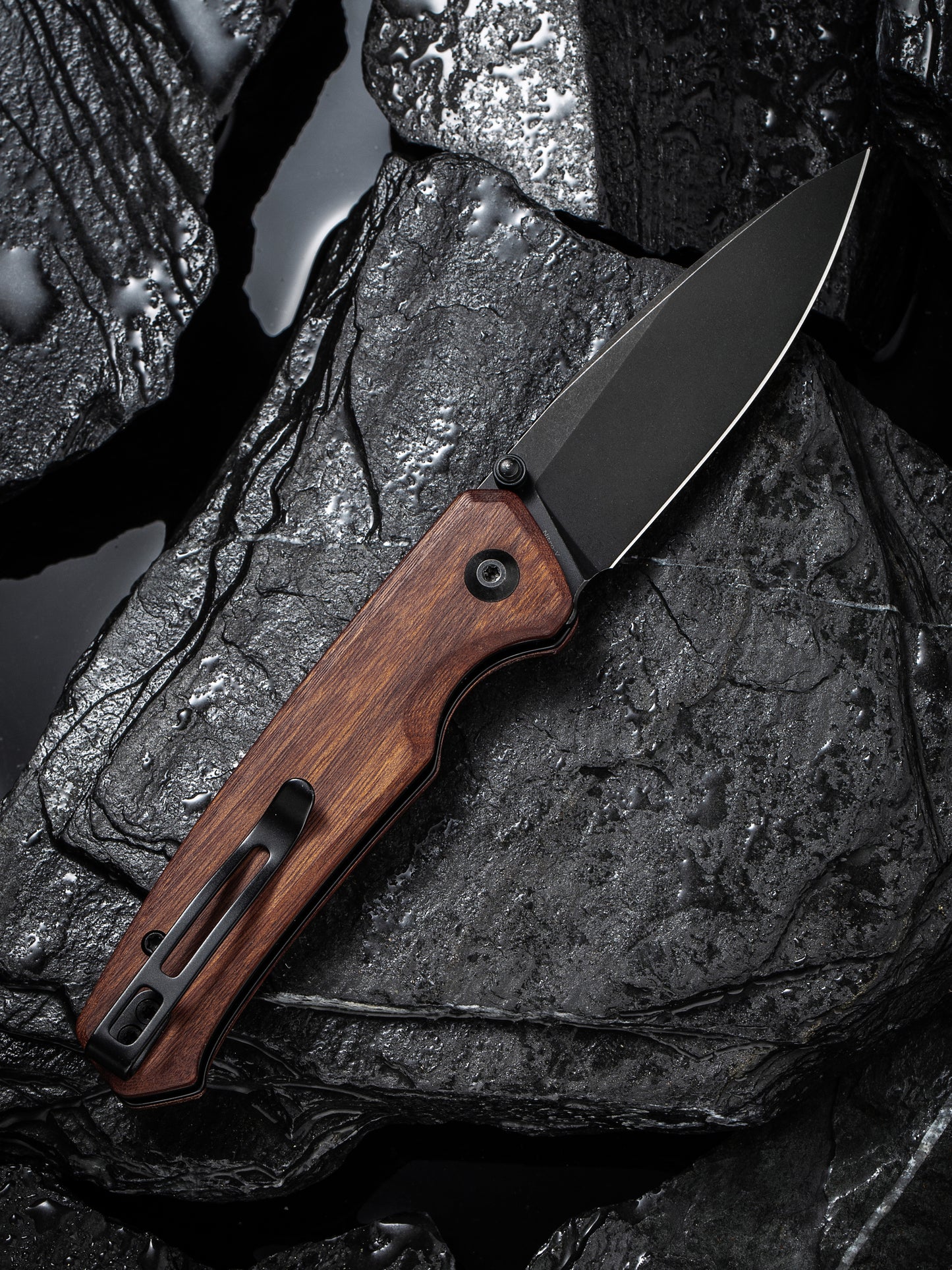 Civivi Altus 2.97" Nitro-V Black Stonewashed Guibourtia Wood Button Lock Folding Knife C20076-3