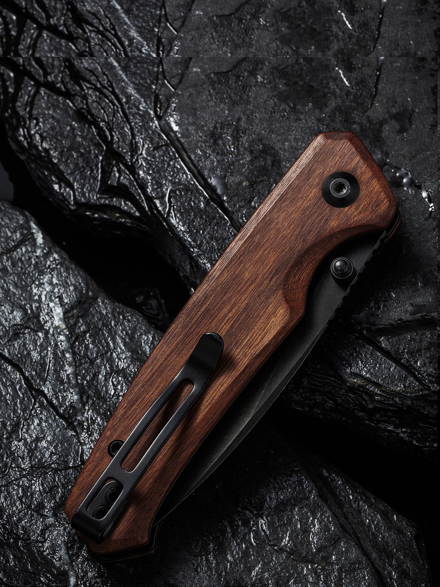 Civivi Altus 2.97" Nitro-V Black Stonewashed Guibourtia Wood Button Lock Folding Knife C20076-3