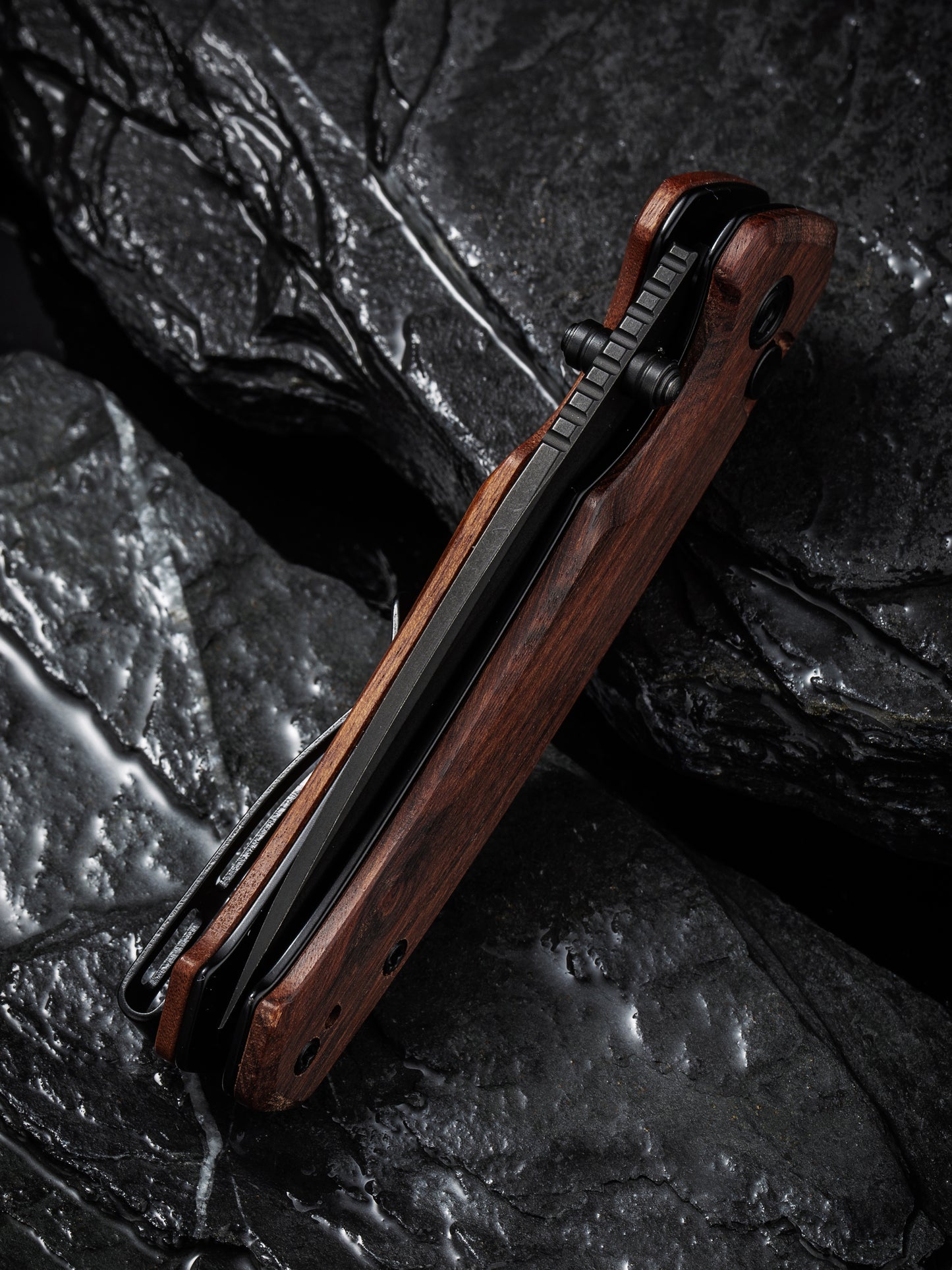 Civivi Altus 2.97" Nitro-V Black Stonewashed Guibourtia Wood Button Lock Folding Knife C20076-3