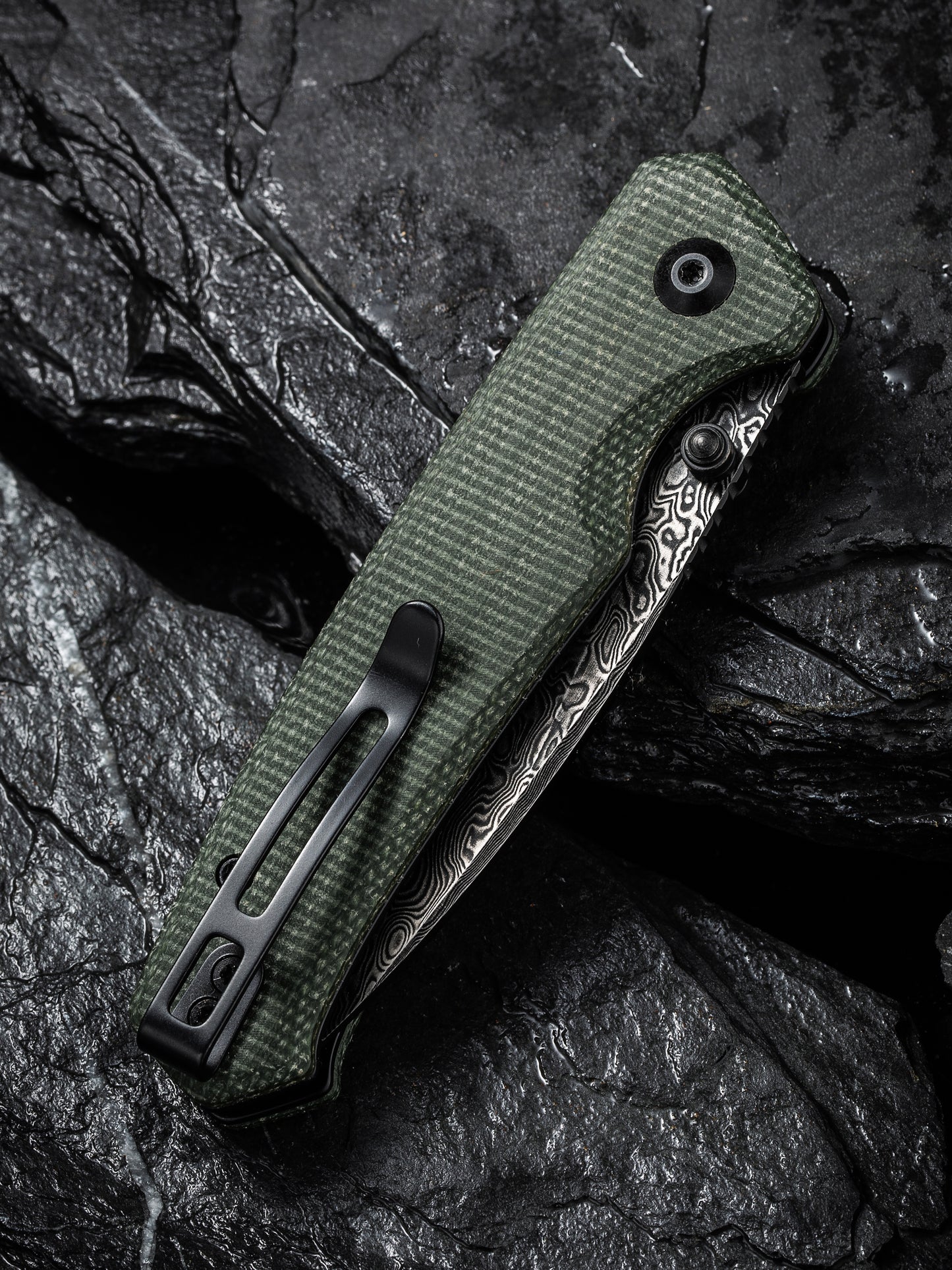 Civivi Altus 2.97" Black Damascus Green Micarta Button Lock Folding Knife C20076-DS1