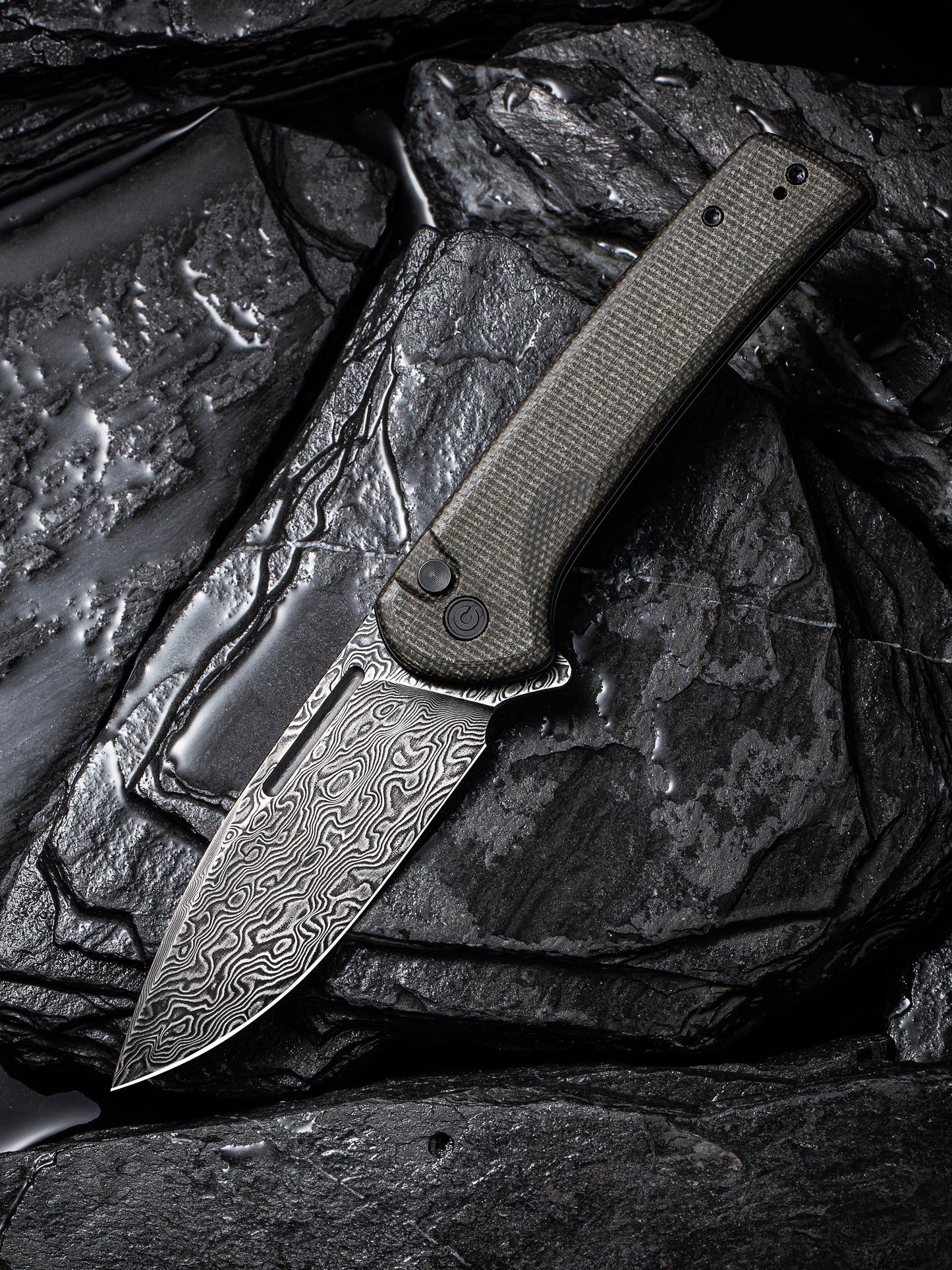 Civivi Conspirator 3.48" Black Damascus Dark Green Micarta Button Lock Folding Knife C21006-DS1