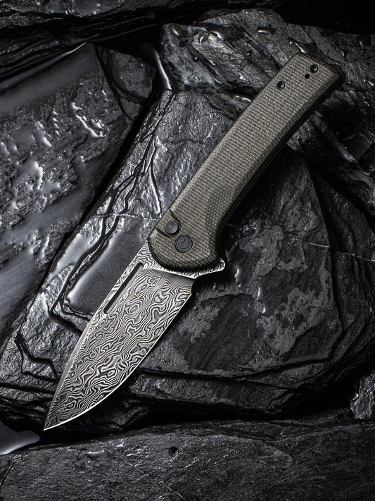 Civivi Conspirator 3.48" Black Damascus Dark Green Micarta Button Lock Folding Knife C21006-DS1