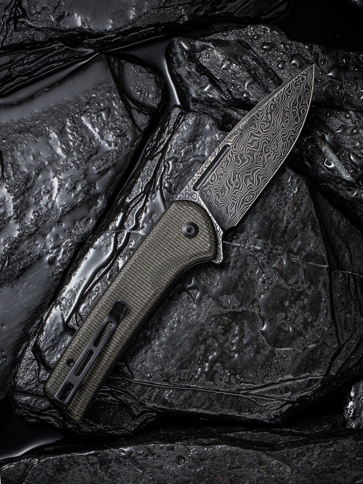 Civivi Conspirator 3.48" Black Damascus Dark Green Micarta Button Lock Folding Knife C21006-DS1