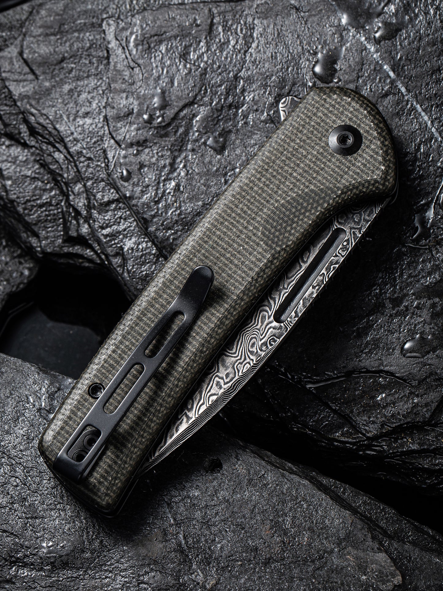 Civivi Conspirator 3.48" Black Damascus Dark Green Micarta Button Lock Folding Knife C21006-DS1