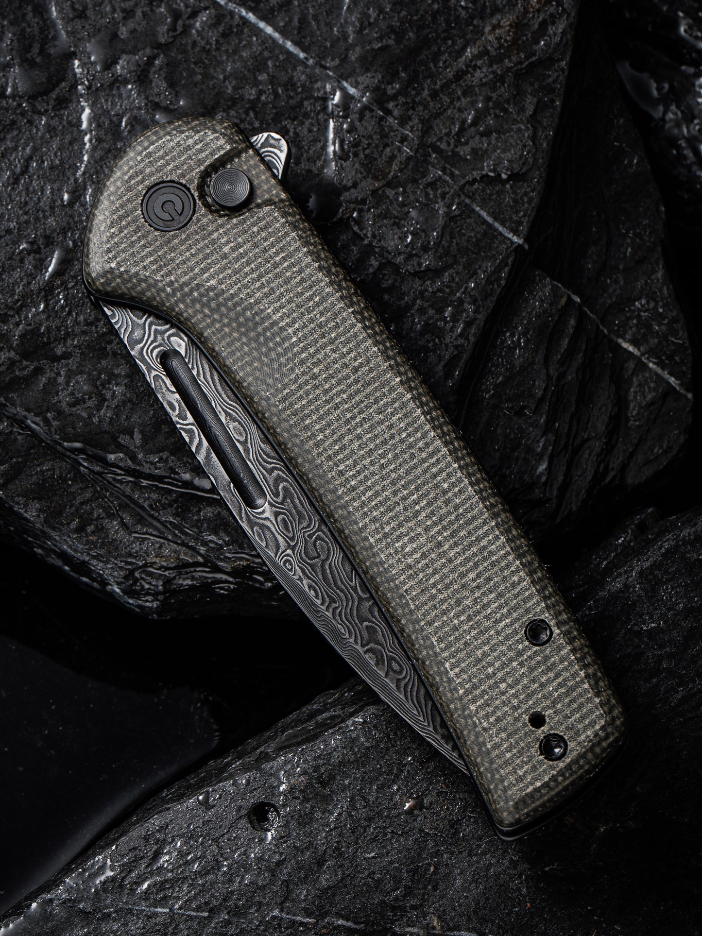 Civivi Conspirator 3.48" Black Damascus Dark Green Micarta Button Lock Folding Knife C21006-DS1