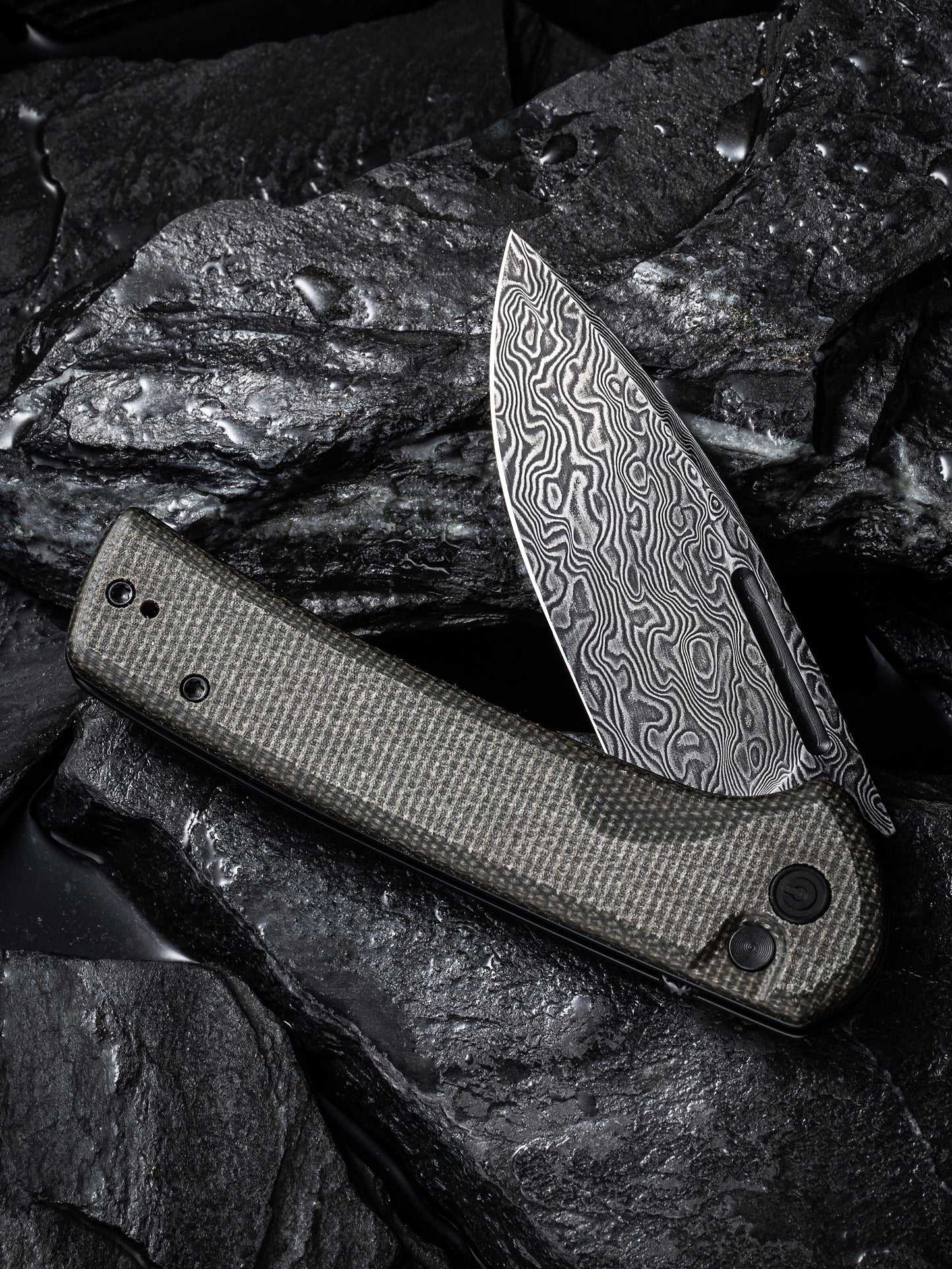 Civivi Conspirator 3.48" Black Damascus Dark Green Micarta Button Lock Folding Knife C21006-DS1