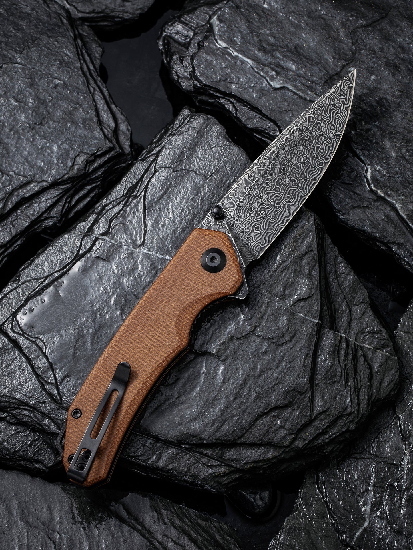 Civivi Brazen 3.46" Black Damascus Brown Micarta Folding Knife C2102DS-1