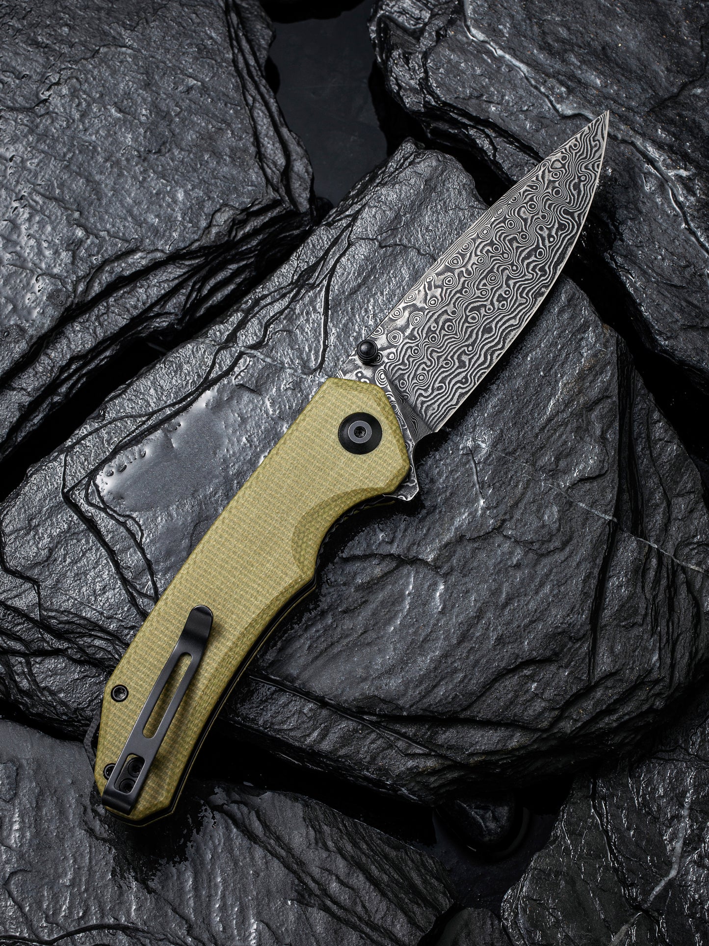 Civivi Brazen 3.46" Black Damascus Olive Green Micarta Folding Knife C2102DS-2