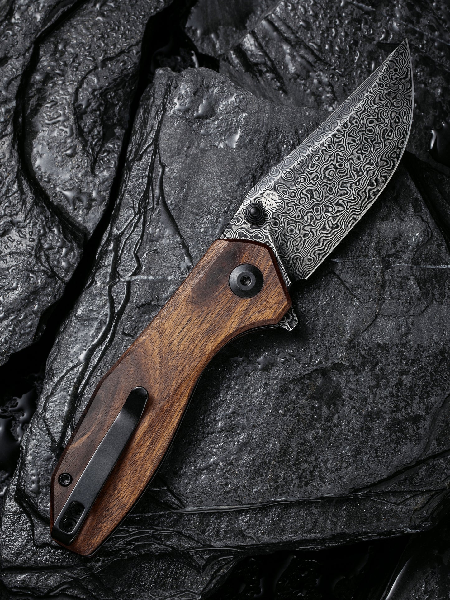 Civivi Odd 22 2.97" Black Damascus Guibourtia Wood Folding Knife by Tuffknives C21032-DS1