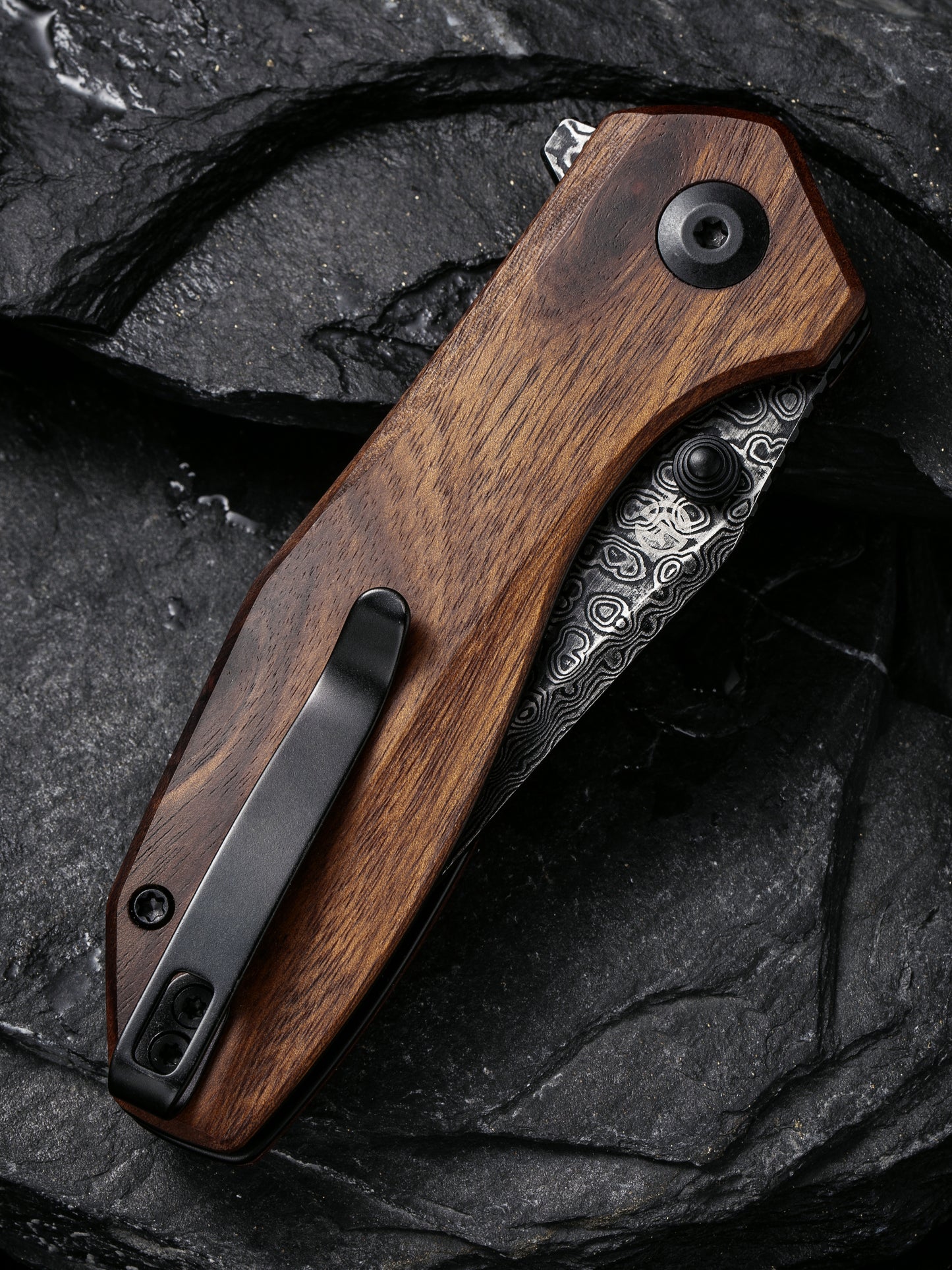 Civivi Odd 22 2.97" Black Damascus Guibourtia Wood Folding Knife by Tuffknives C21032-DS1