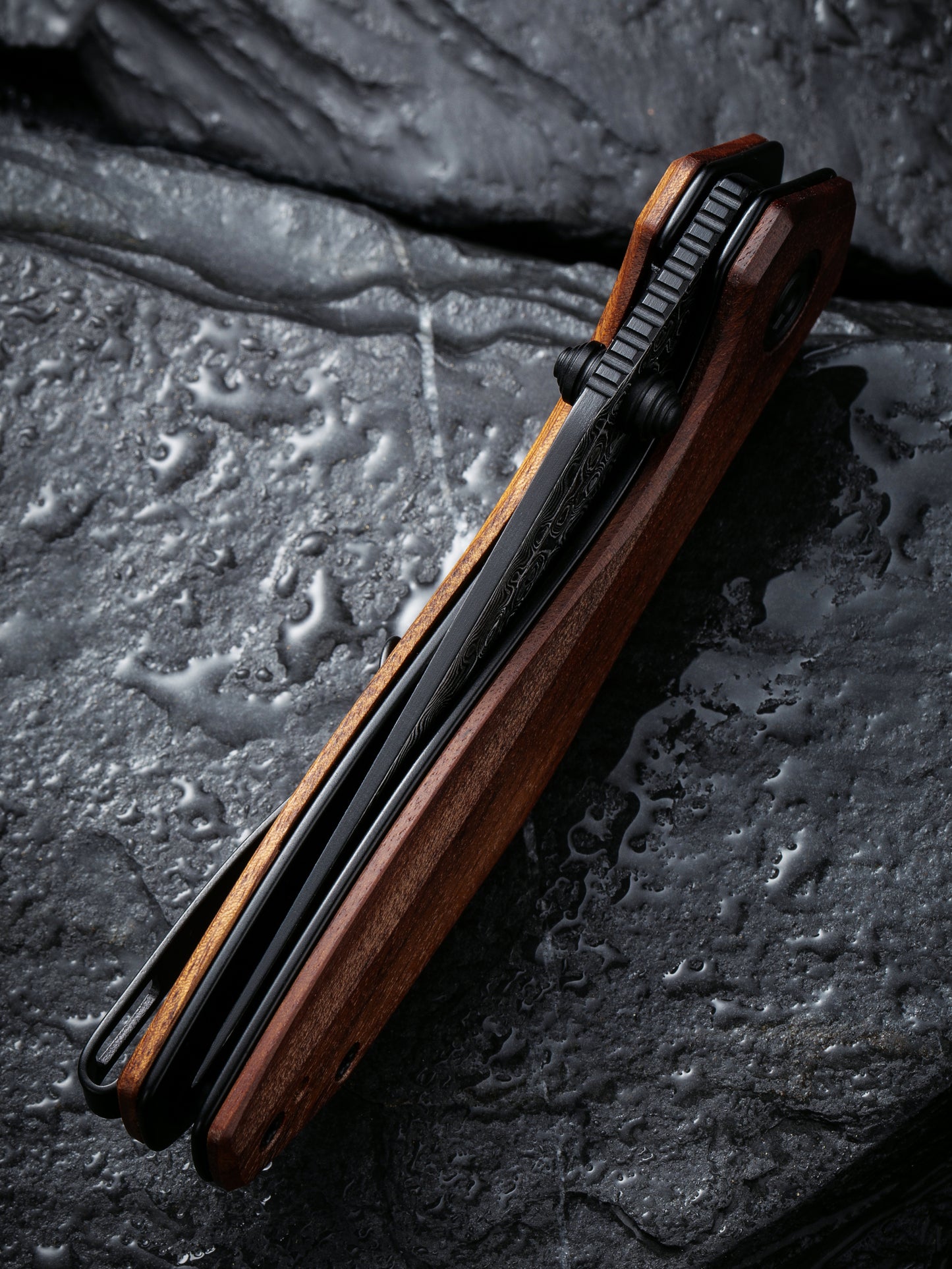 Civivi Odd 22 2.97" Black Damascus Guibourtia Wood Folding Knife by Tuffknives C21032-DS1