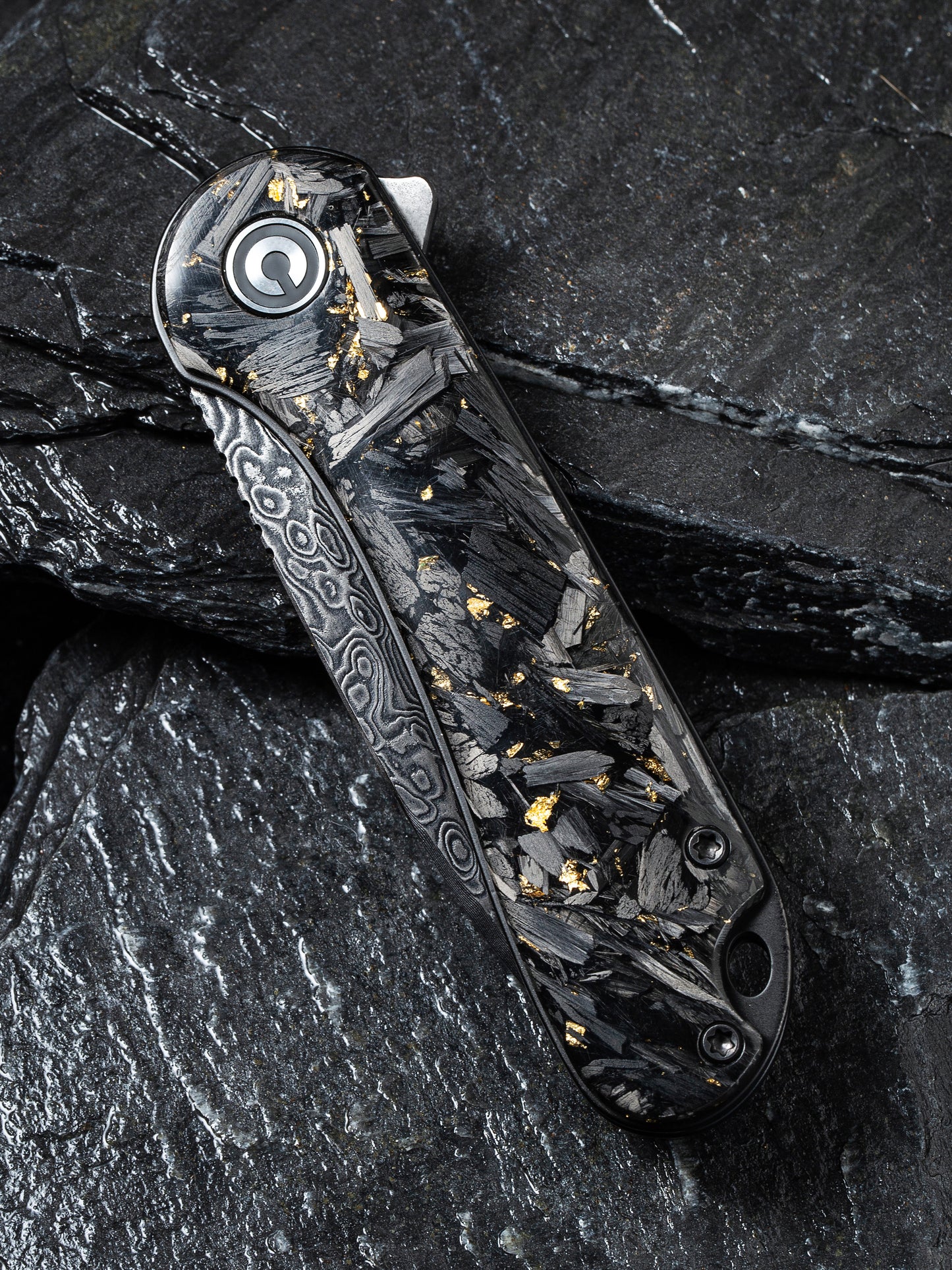 Civivi Elementum 2.96" Damascus Carbon Fiber Golden Shred Folding Knife C907C-DS1