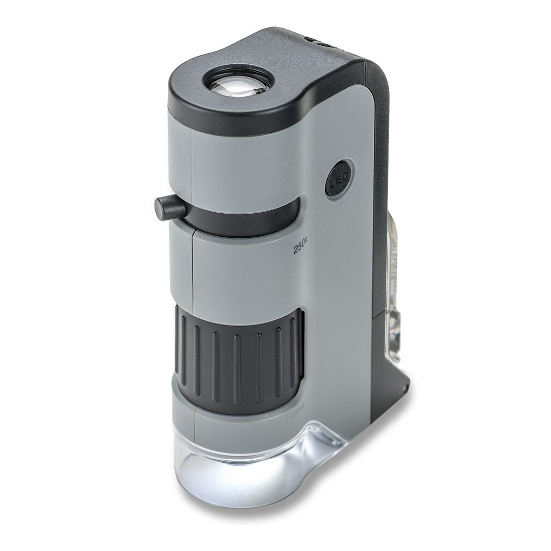 Carson MicroFlip™ 100x-250x LED, UV Lighted Pocket Microscope, Flip Down Slide Base, Smartphone Digiscoping Clip MP-250