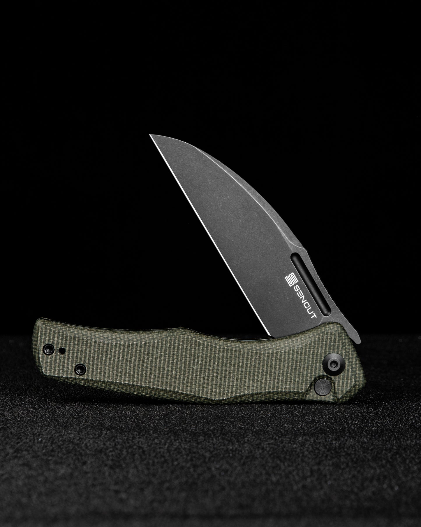 Sencut Watauga 3.48" Black Stonewashed D2 Dark Green Micarta Button Lock Folding Knife S21011-2