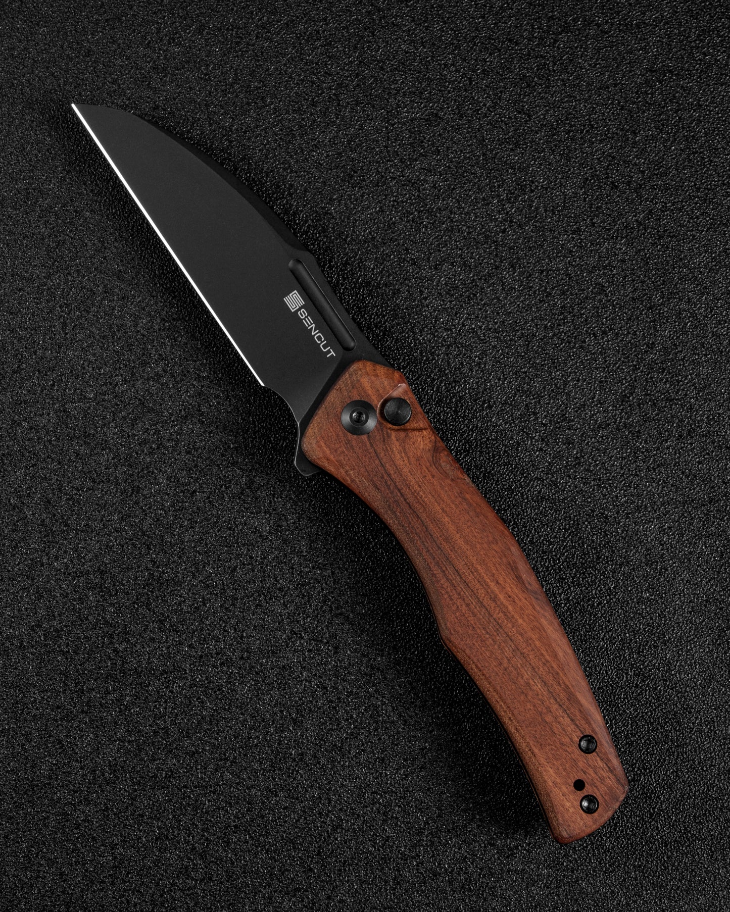 Sencut Watauga 3.48" Black Stonewashed D2 Guibourtia Wood Button Lock Folding Knife S21011-4