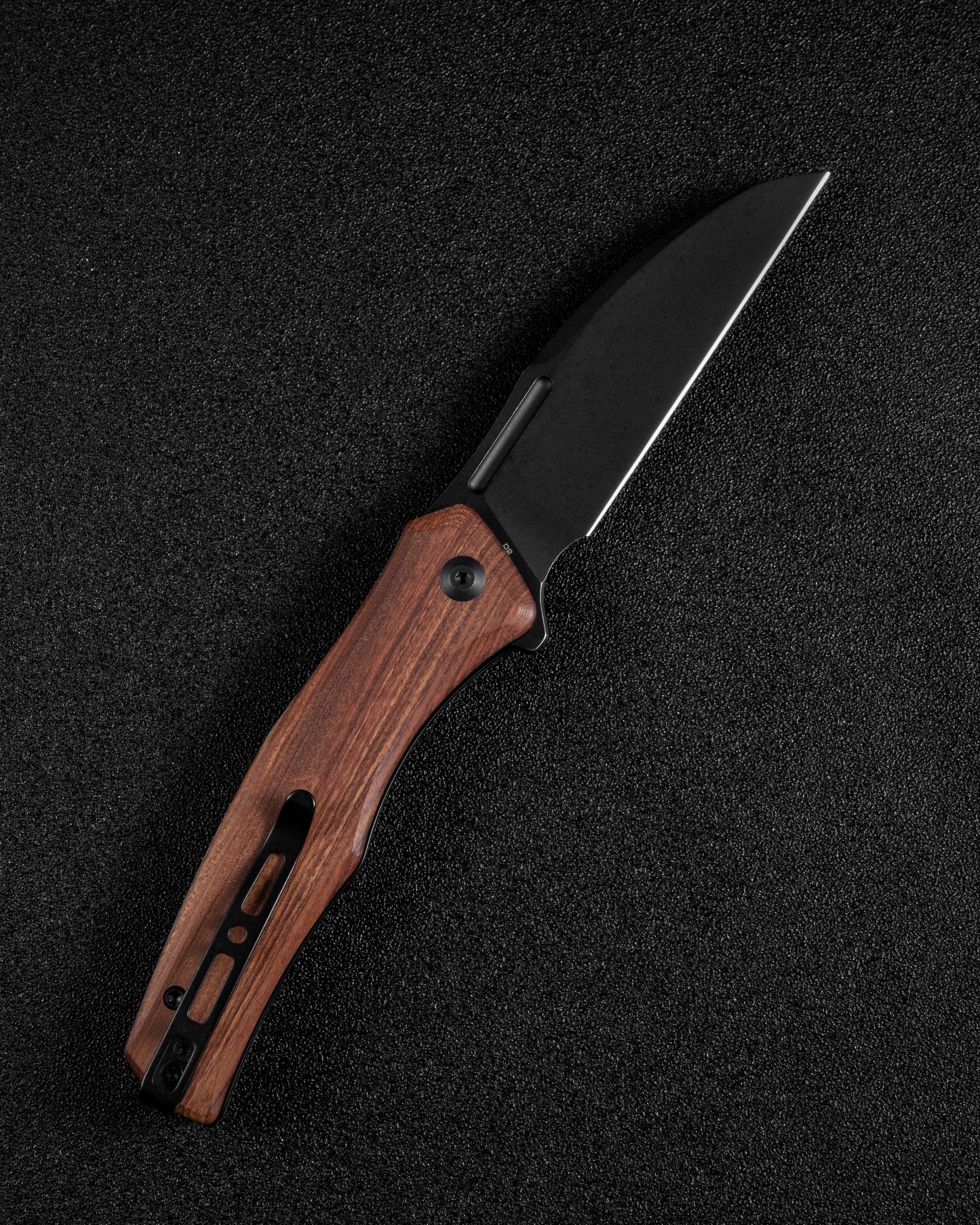 Sencut Watauga 3.48" Black Stonewashed D2 Guibourtia Wood Button Lock Folding Knife S21011-4