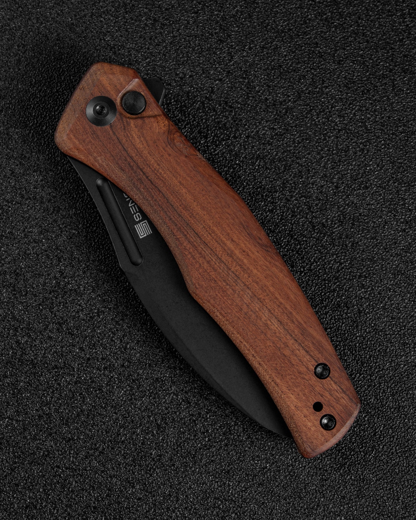 Sencut Watauga 3.48" Black Stonewashed D2 Guibourtia Wood Button Lock Folding Knife S21011-4