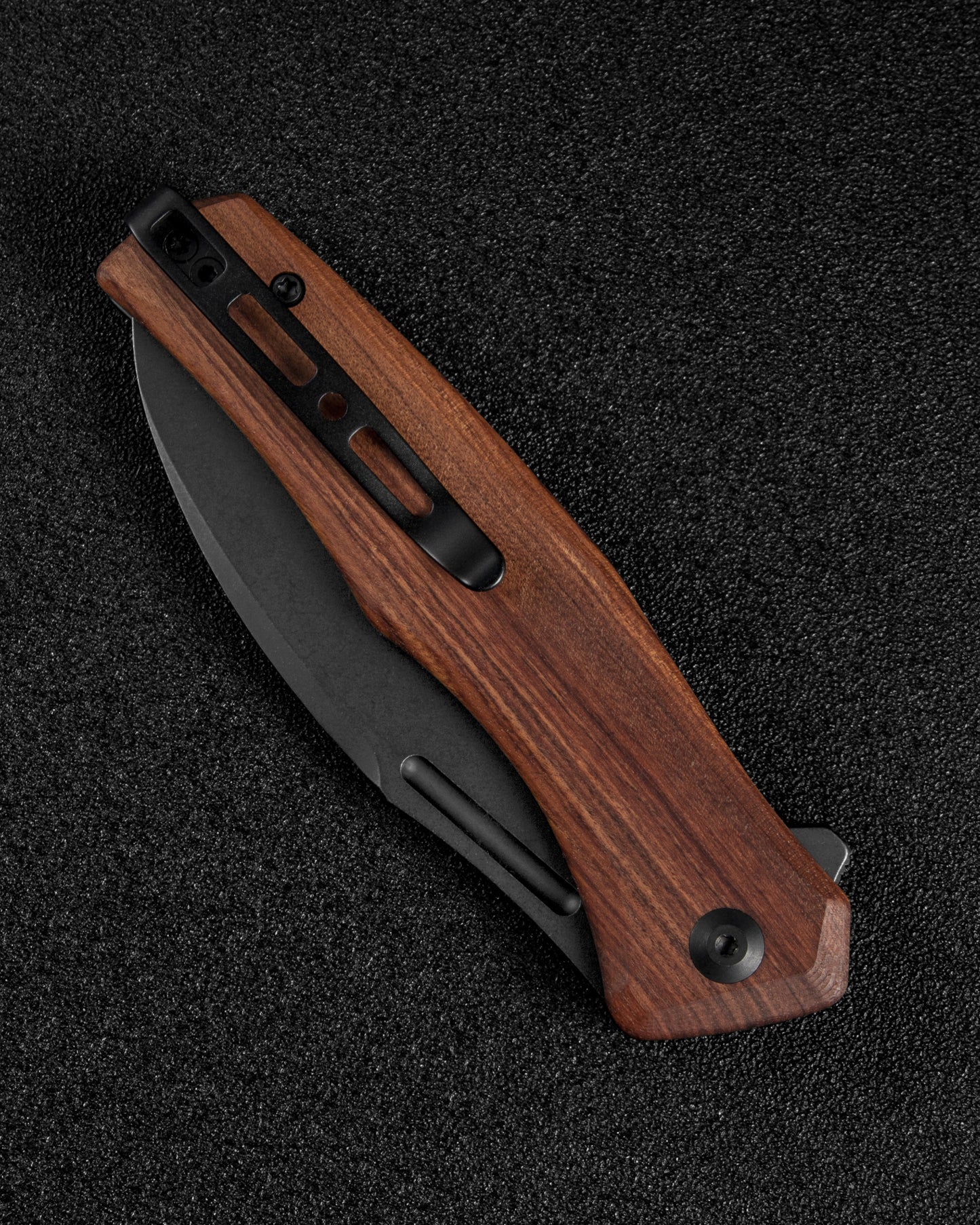 Sencut Watauga 3.48" Black Stonewashed D2 Guibourtia Wood Button Lock Folding Knife S21011-4