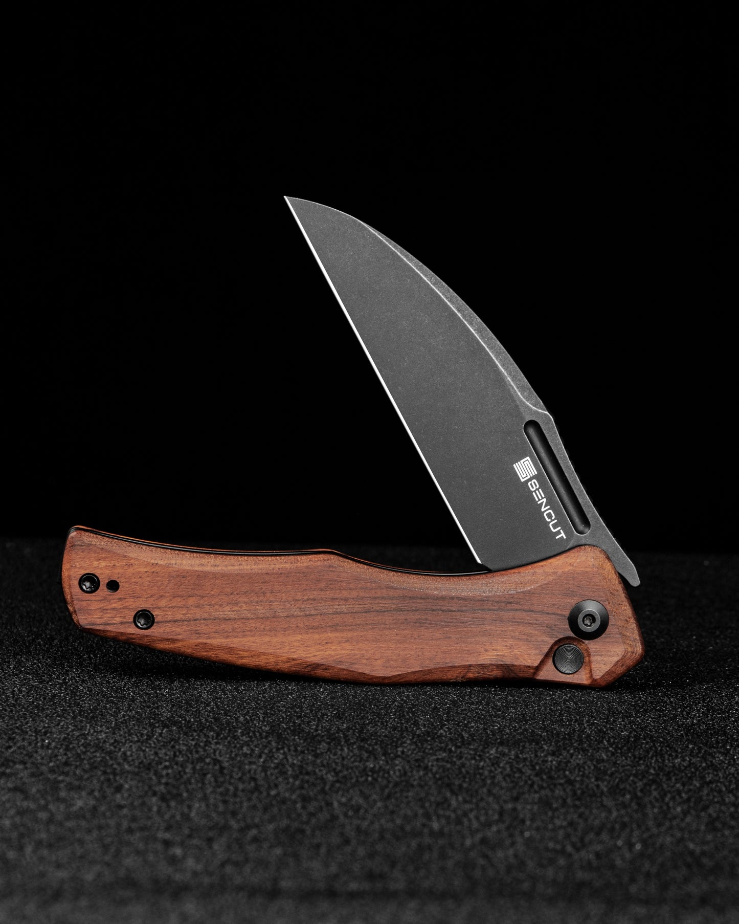 Sencut Watauga 3.48" Black Stonewashed D2 Guibourtia Wood Button Lock Folding Knife S21011-4