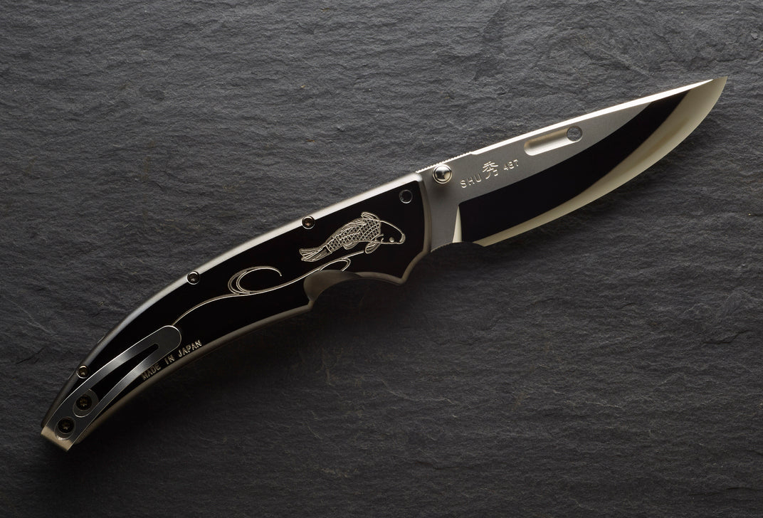 Rockstead SHU CB-ZDP KOI 3.2" Polished ZDP189 Folding Knife with Engraved DLC Titanium Handle