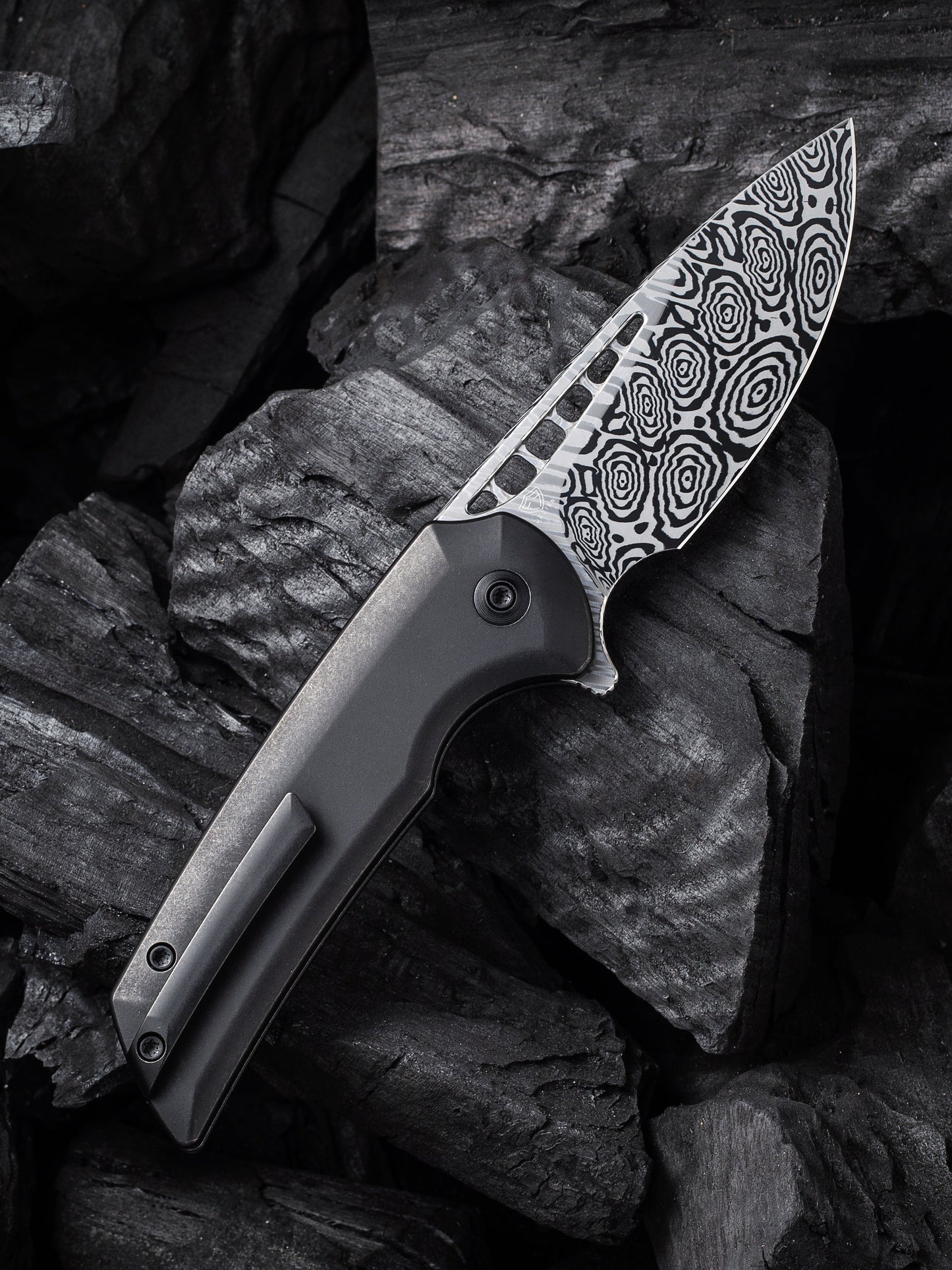 WE Mini Malice 2.98" Heimskringla Damasteel Titanium Folding Knife by Ferrum Forge WE054BL-DS1