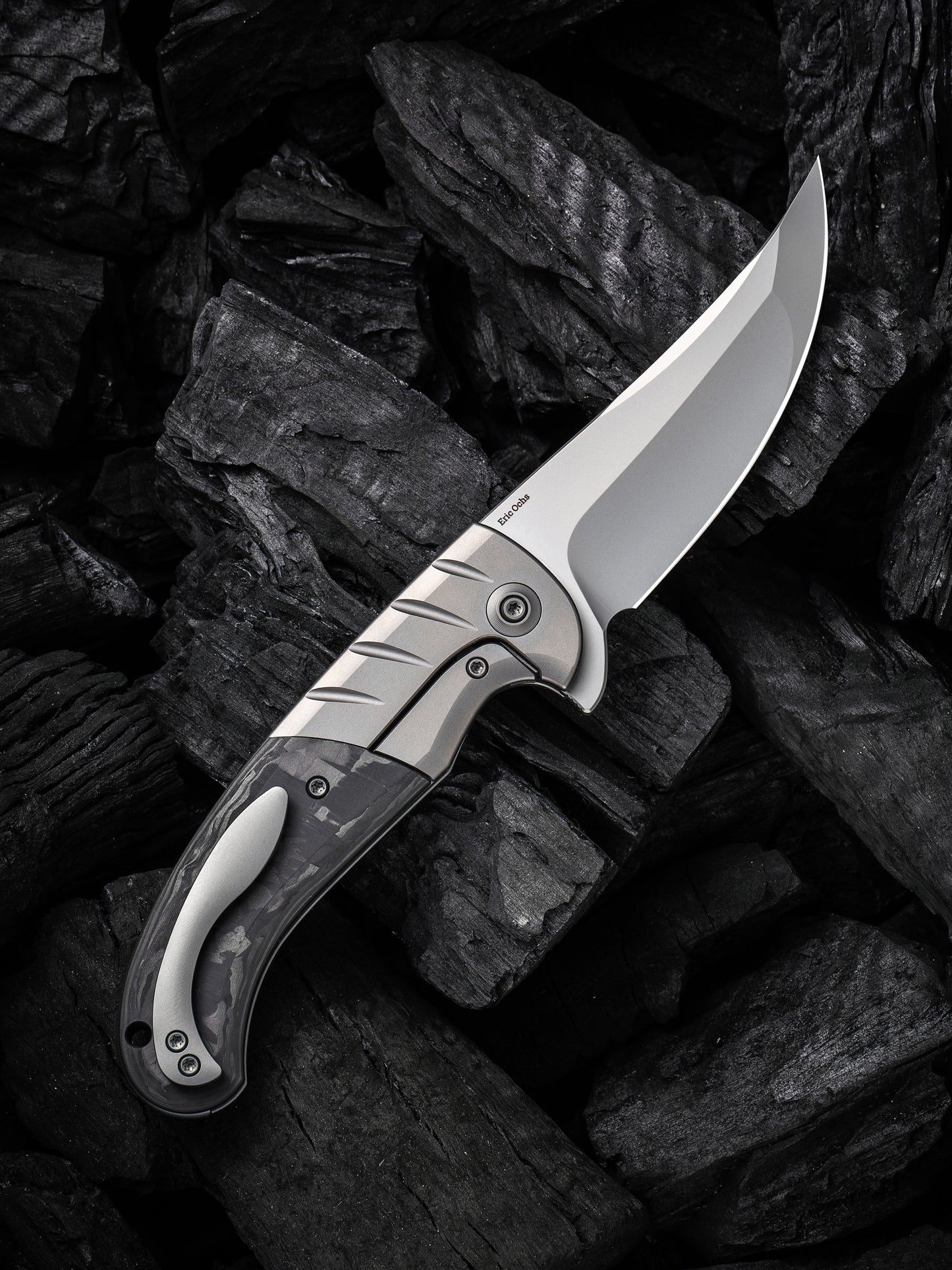 WE Curvaceous 3.70" CPM 20CV Marble Carbon Fiber Titanium Folding Knife by Eric Ochs WE20012-1