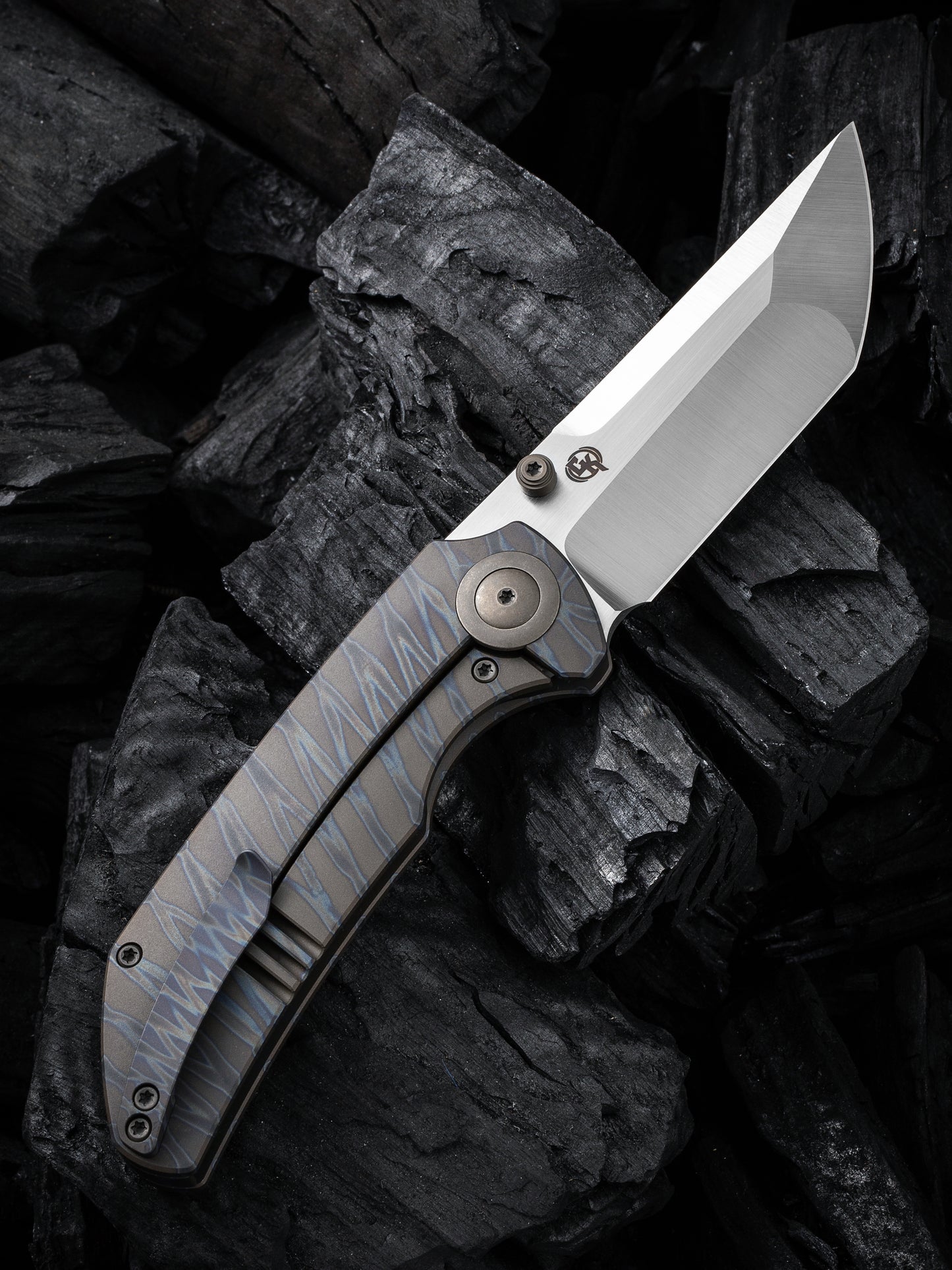 WE Thug XL 3.35" CPM 20CV Tiger Stripe Flamed Titanium Folding Knife by Matthew Christensen WE20028D-2