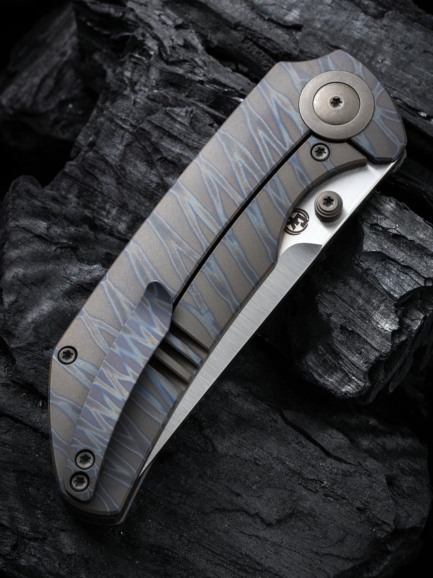 WE Thug XL 3.35" CPM 20CV Tiger Stripe Flamed Titanium Folding Knife by Matthew Christensen WE20028D-2