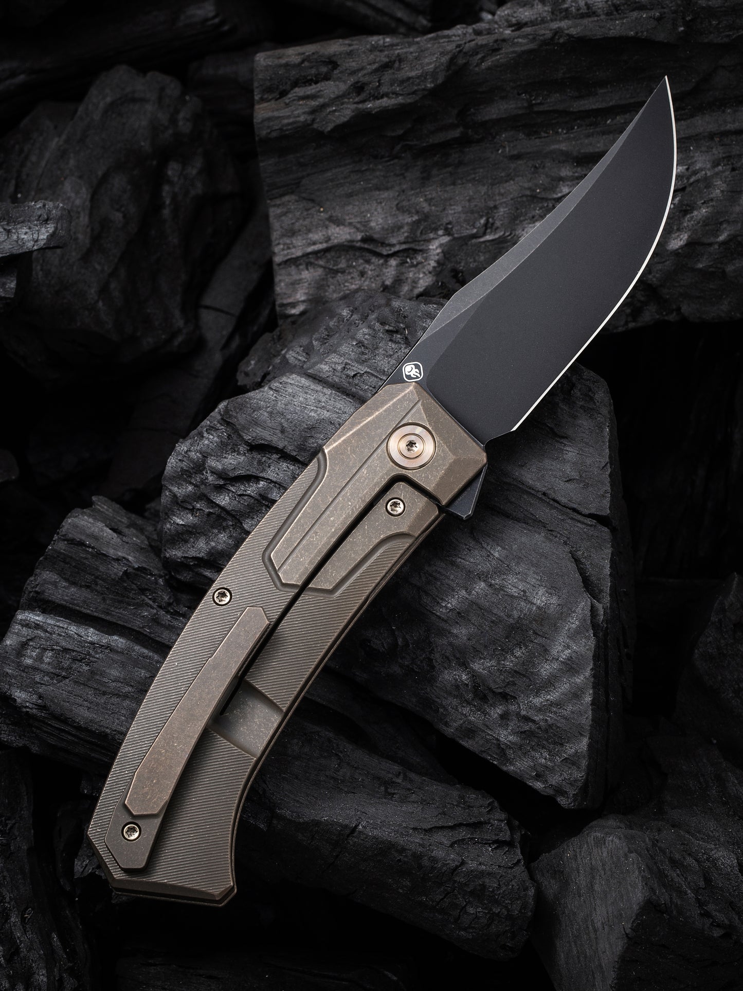 WE Knife Shuddan 3.48" Black Stonewashed CPM 20CV Bronze Titanium Folding Knife by Rafal Brzeski WE21015-3