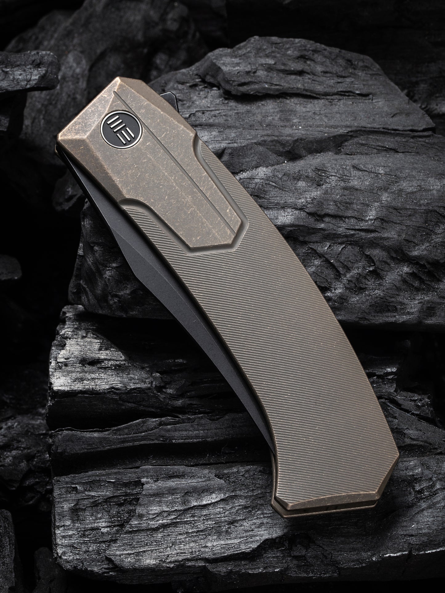 WE Knife Shuddan 3.48" Black Stonewashed CPM 20CV Bronze Titanium Folding Knife by Rafal Brzeski WE21015-3