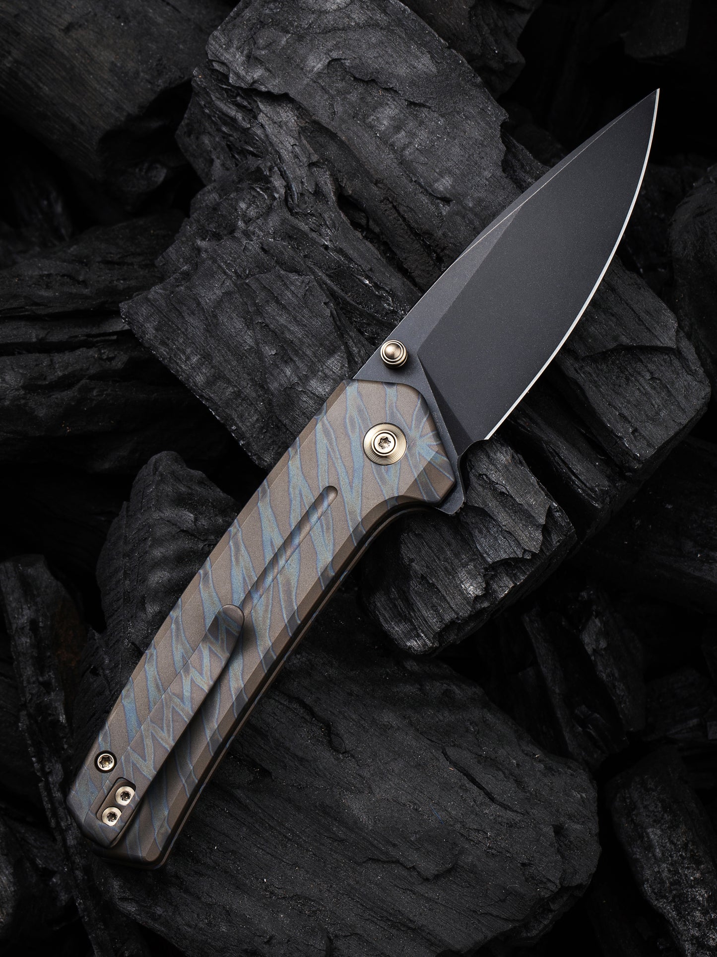 WE Culex 2.97" CPM-20CV Black Tiger Stripe Flamed Titanium Button-Lock Folding Knife WE21026B-7