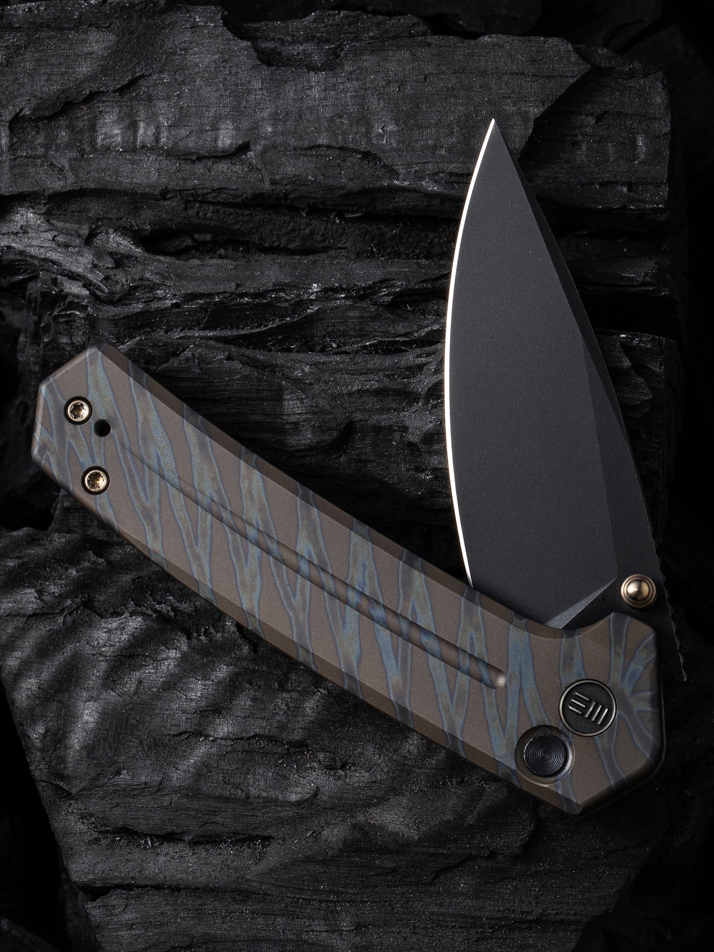 WE Culex 2.97" CPM-20CV Black Tiger Stripe Flamed Titanium Button-Lock Folding Knife WE21026B-7