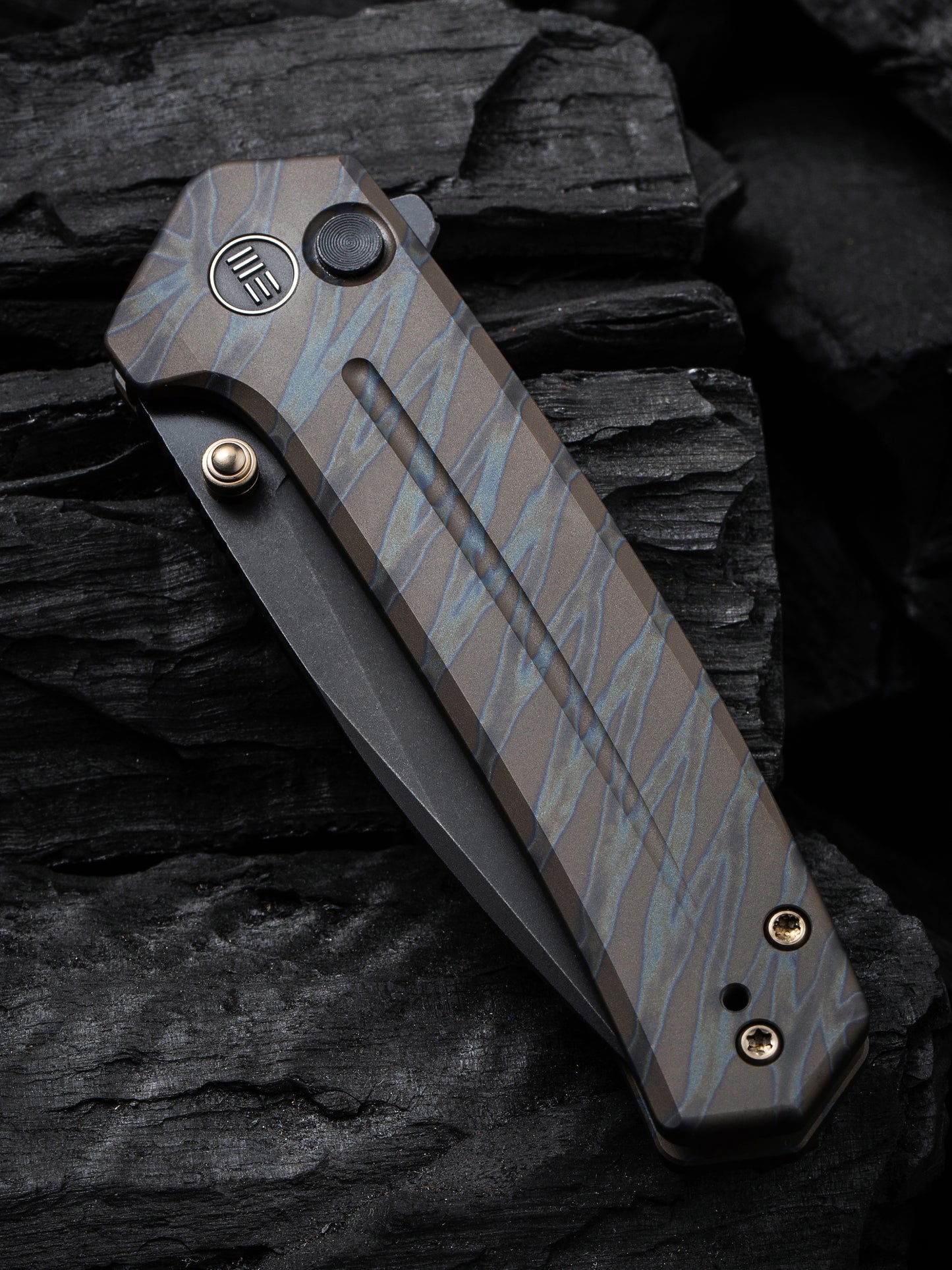 WE Culex 2.97" CPM-20CV Black Tiger Stripe Flamed Titanium Button-Lock Folding Knife WE21026B-7