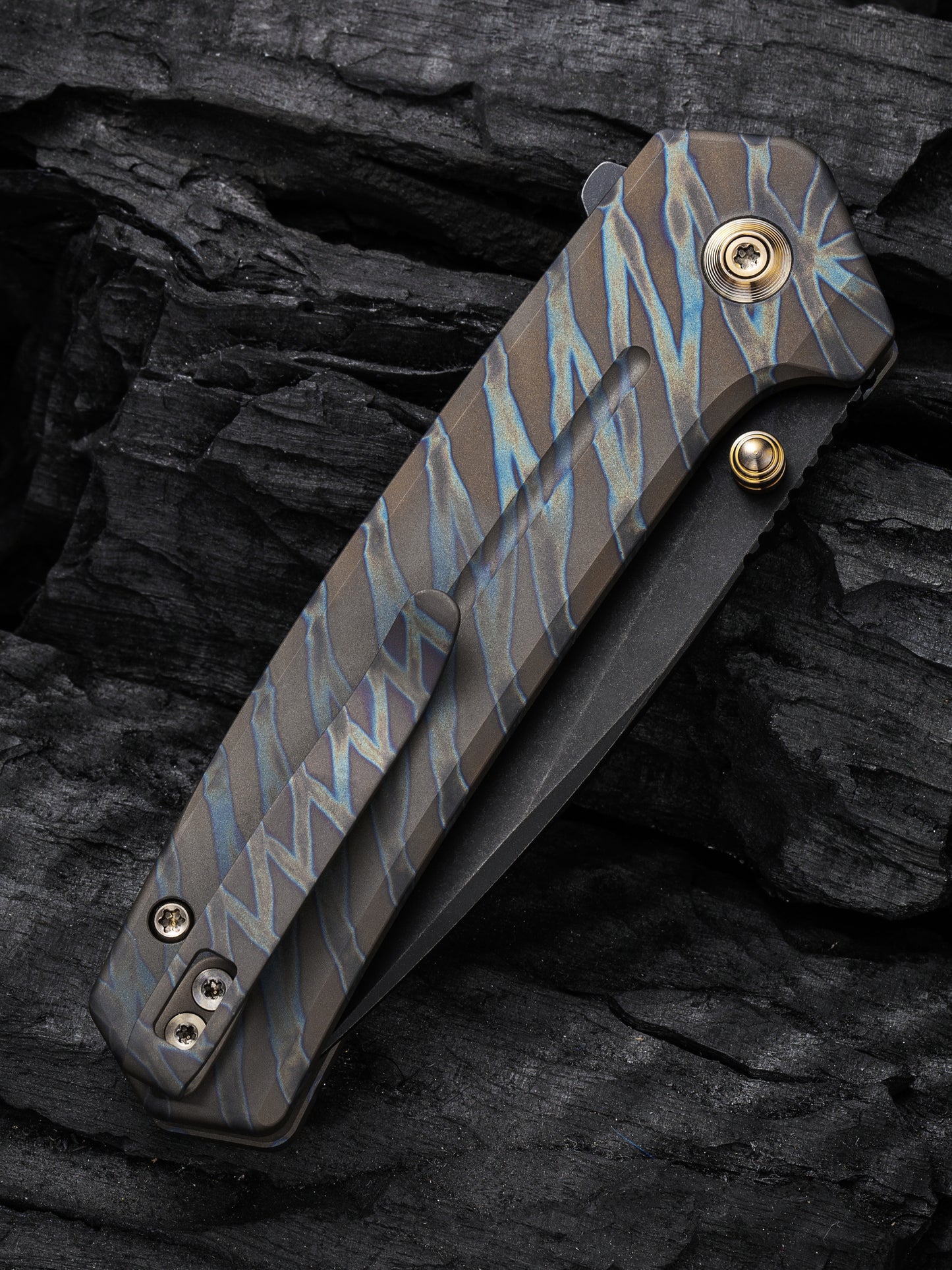 WE Culex 2.97" CPM-20CV Black Tiger Stripe Flamed Titanium Button-Lock Folding Knife WE21026B-7