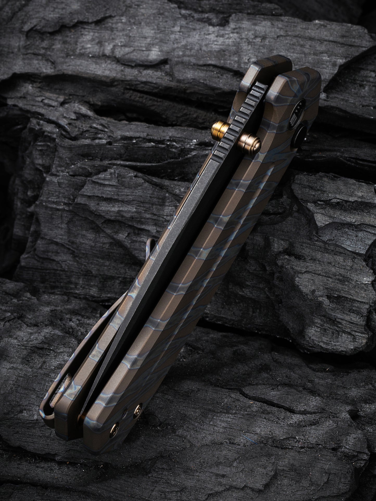 WE Culex 2.97" CPM-20CV Black Tiger Stripe Flamed Titanium Button-Lock Folding Knife WE21026B-7