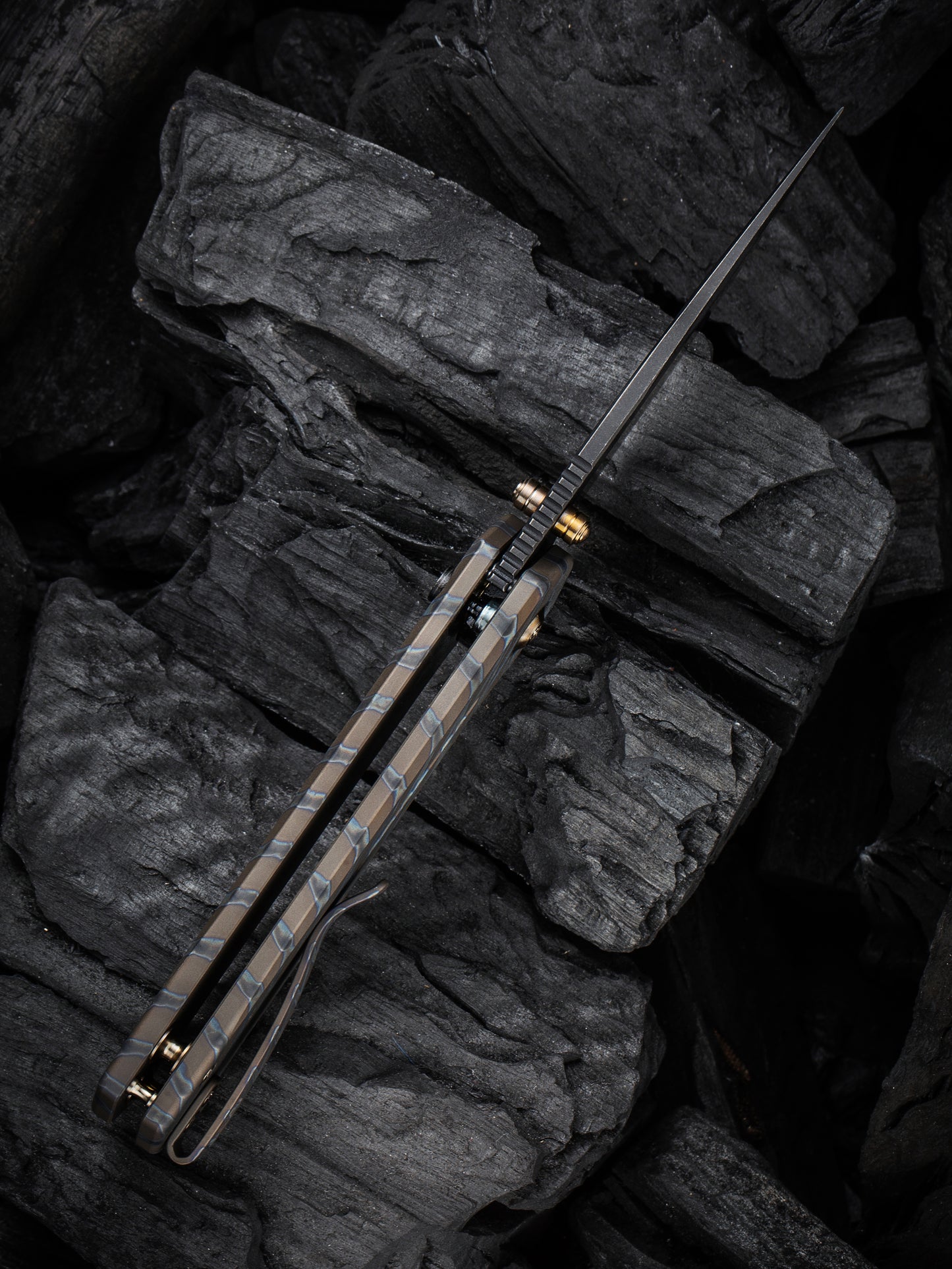 WE Culex 2.97" CPM-20CV Black Tiger Stripe Flamed Titanium Button-Lock Folding Knife WE21026B-7