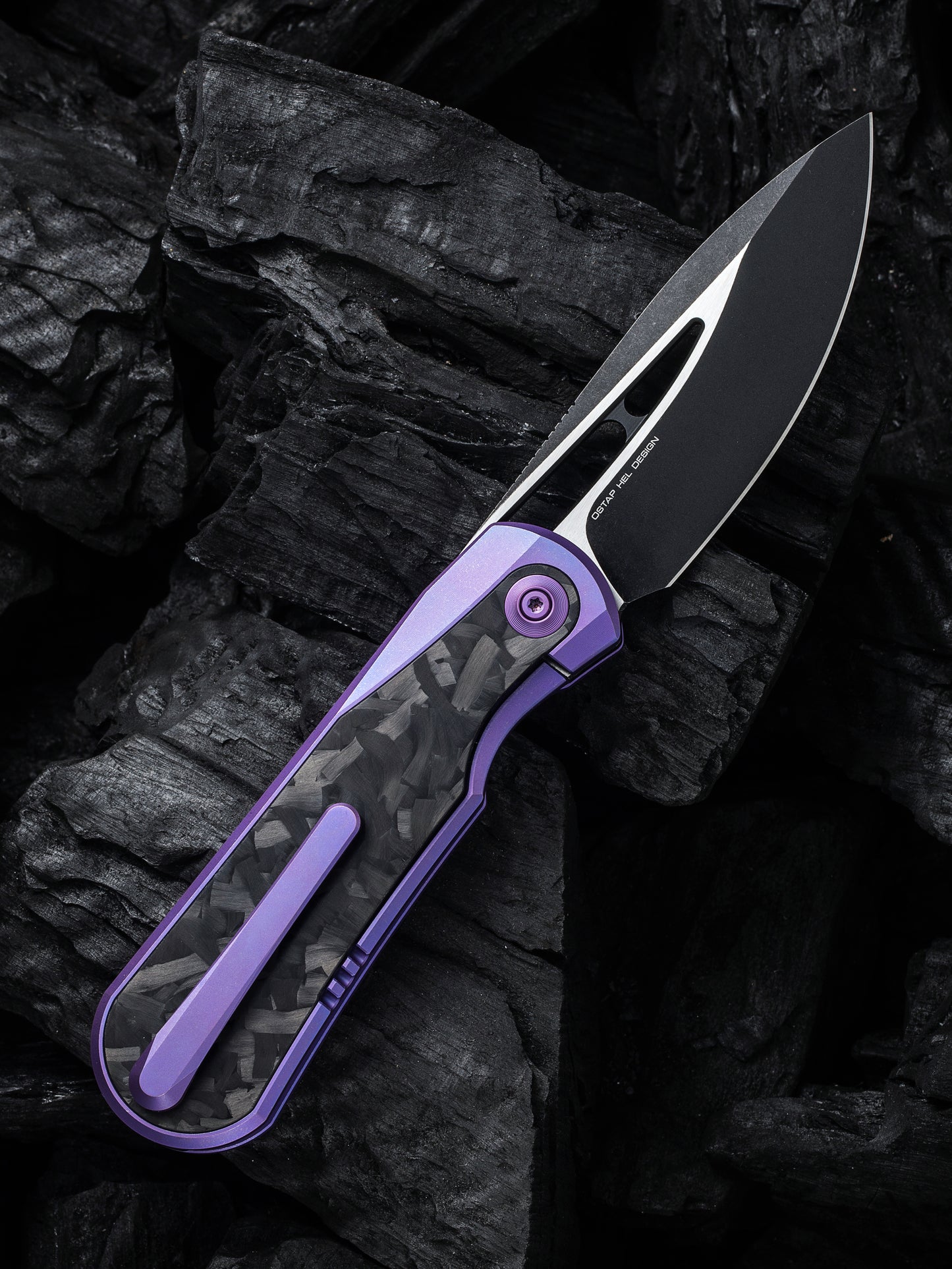 WE Baloo 3.31" CPM 20CV Purple Shredded Carbon Fiber Titanium Folding Knife by Ostap Hel WE21033-3