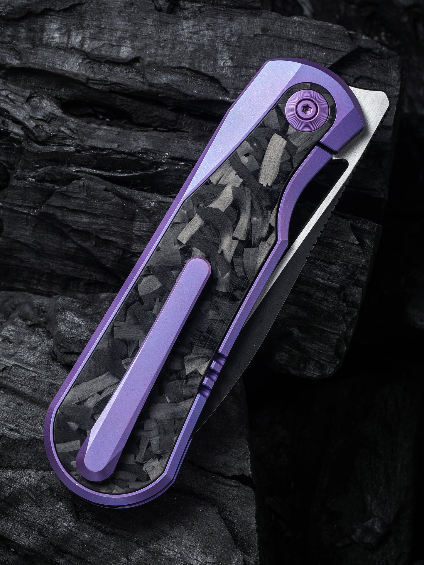 WE Baloo 3.31" CPM 20CV Purple Shredded Carbon Fiber Titanium Folding Knife by Ostap Hel WE21033-3