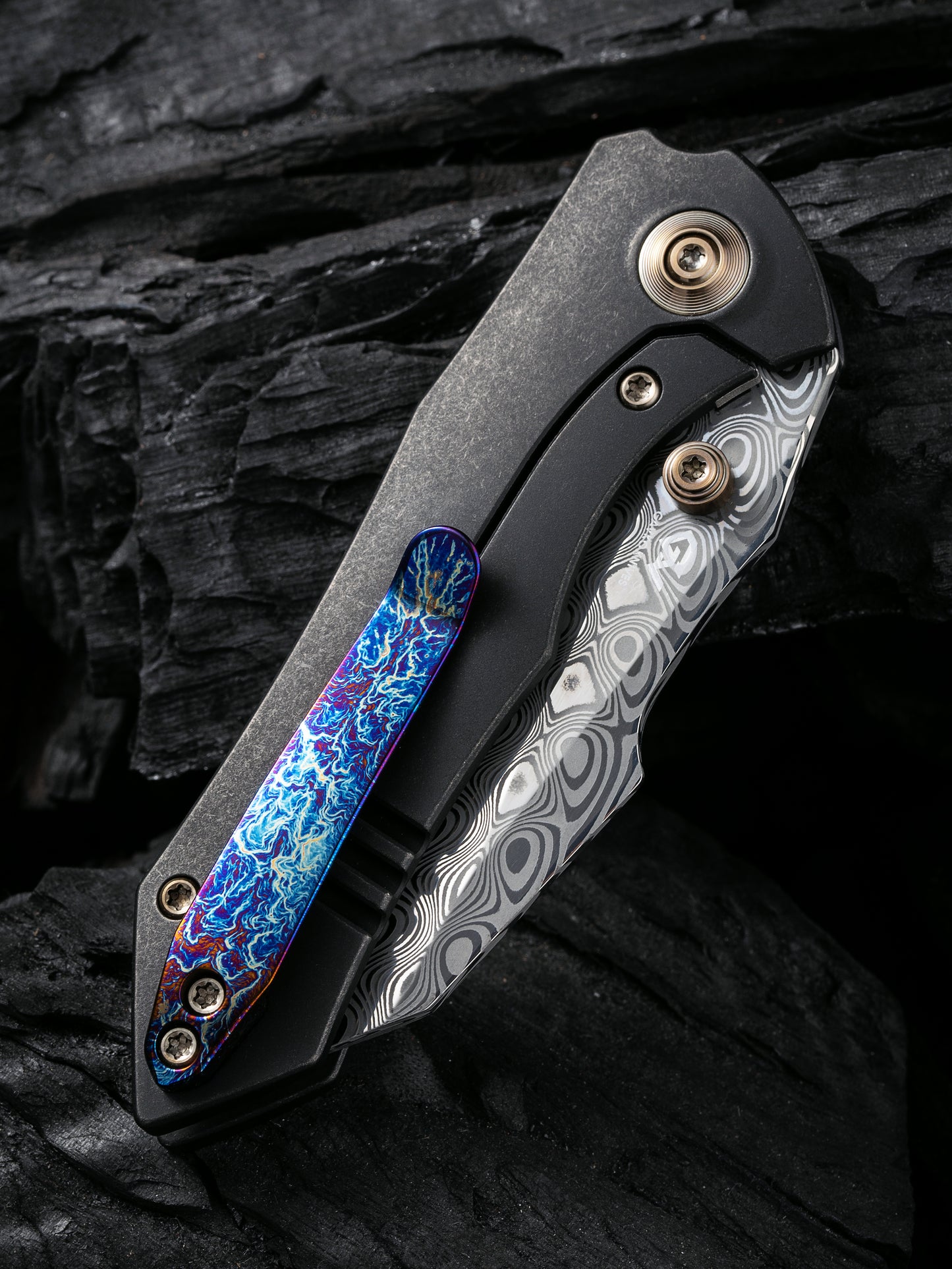 WE Knife High-Fin 2.98" Hakkapella Damasteel Titanium Folding Knife WE22005-DS1