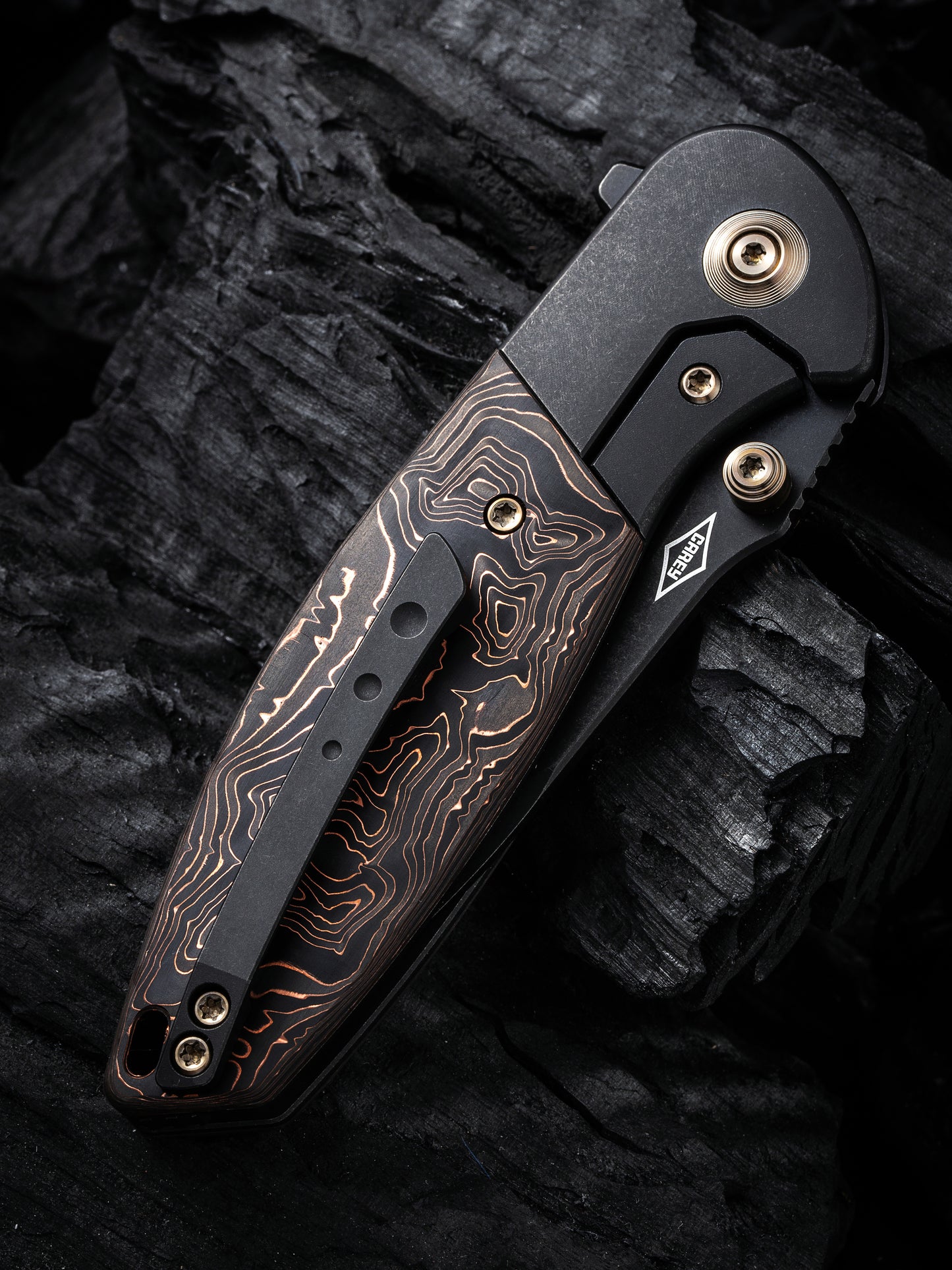 WE Nitro Mini 3.13" CPM 20CV Black Copper Foil Carbon Fiber Titanium Folding Knife by Peter Carey WE22015-2