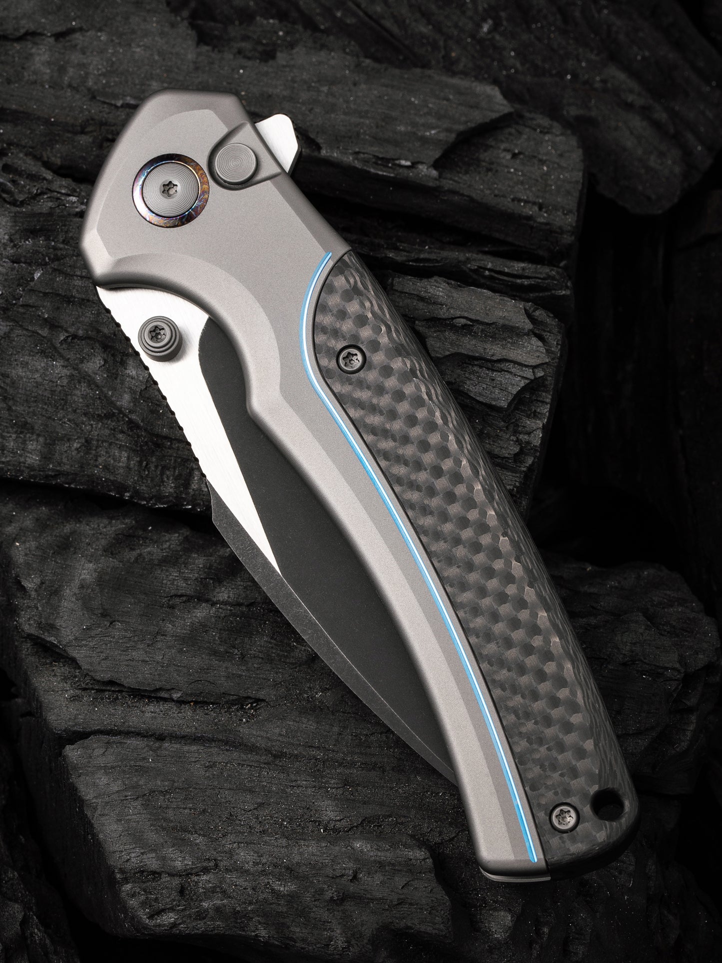 WE Ziffius Limited Edition 3.7" Black CPM 20CV Twill Carbon Fiber Integral Spacer Titanium Folding Knife WE22024A-1