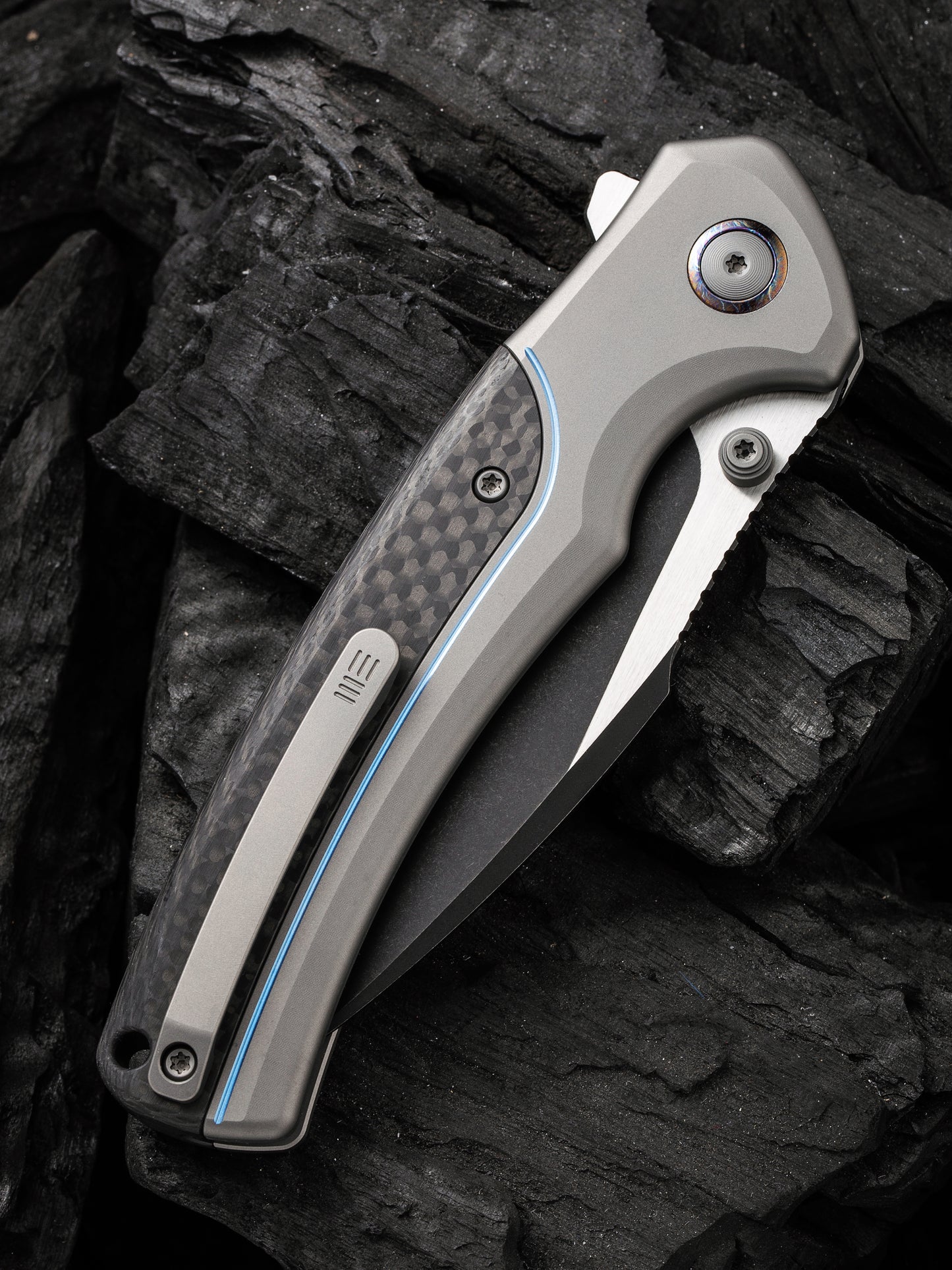 WE Ziffius Limited Edition 3.7" Black CPM 20CV Twill Carbon Fiber Integral Spacer Titanium Folding Knife WE22024A-1